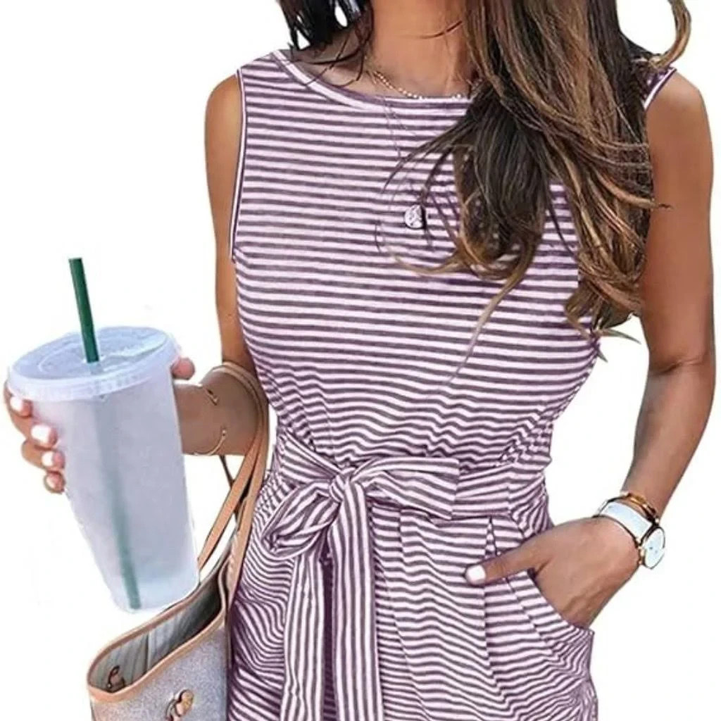 MEROKEETY Women’s Pink & White Striped Sleeveless Pocketed Dress Size M NWT