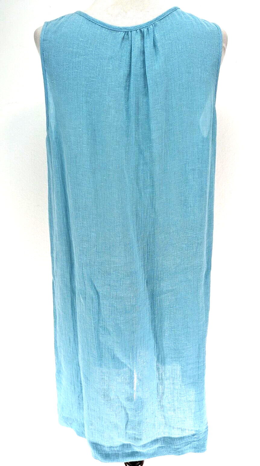 EILEEN FISHER 100% ITALIAN Linen AQUA Sleeveless A-Line Dress Tie Front L VEUC!*