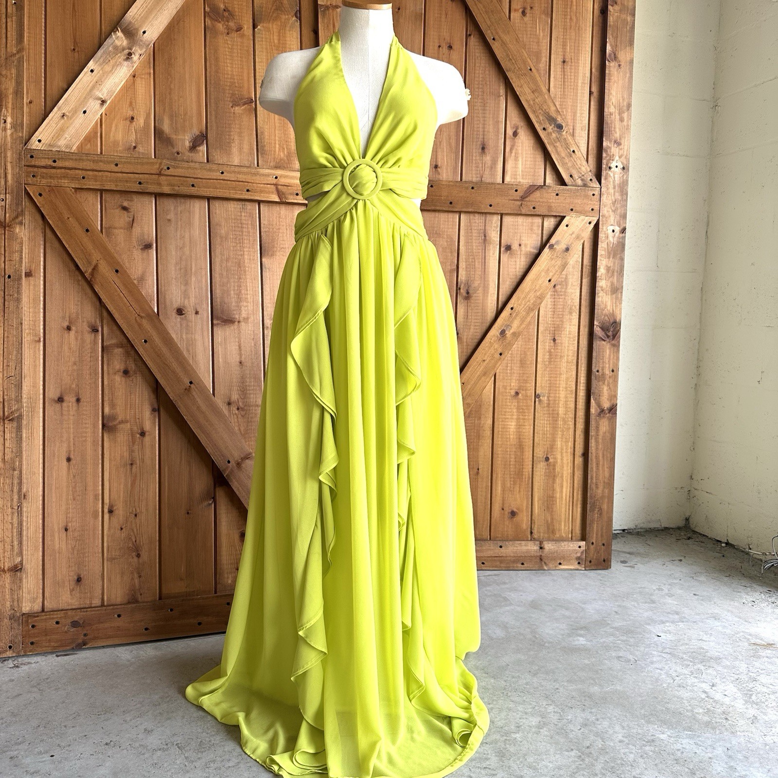 Fashion Nova Maxi Dress Small Yellow Ruffle Open Back Cut Out lined Sleeveless