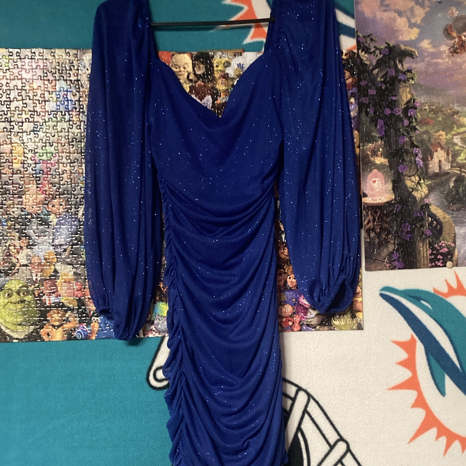 B. Smart Juniors 7 Blue Glitter Ruched V-Neck Puff Sleeve Mini Dress