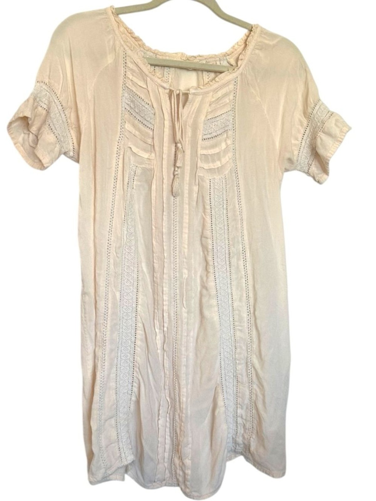Lagaci Boho Cottagecore Dress Cover Up Peasant Cream Rayon Soft Knit Embroidery