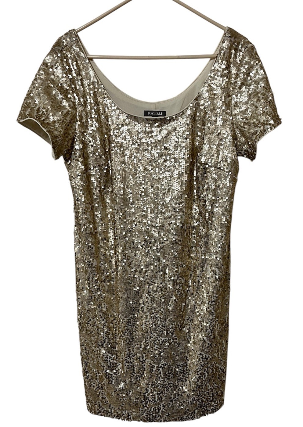 Roz & Ali Gold Sequin Cocktail Dress Short Sleeve Scoop Neck Size 14 Flapper