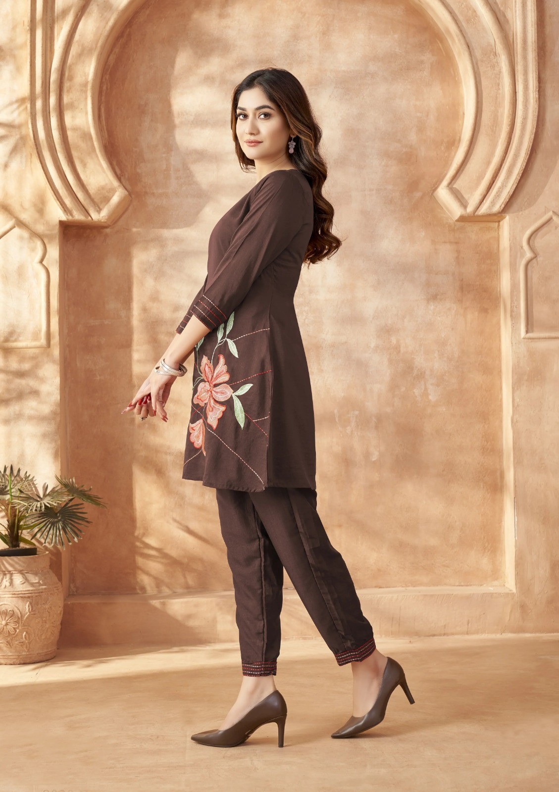 Women Brown Cotton Flex Co-Ord Set Embroidered Wark Kurti Pant Set Ethnic Wear