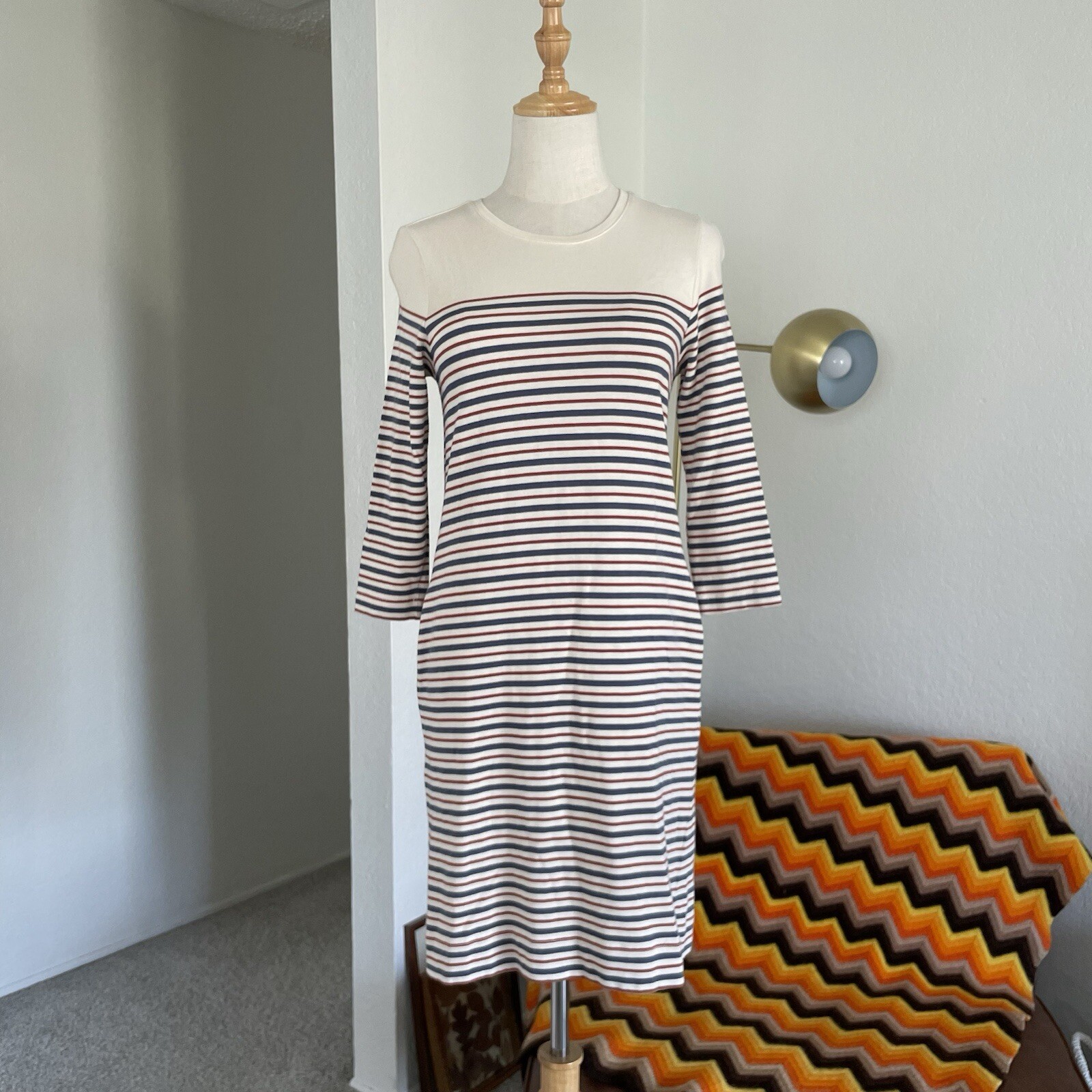 Marine Layer April Stripes Pocket Mini Shirt Dress XS Cream Blue Red