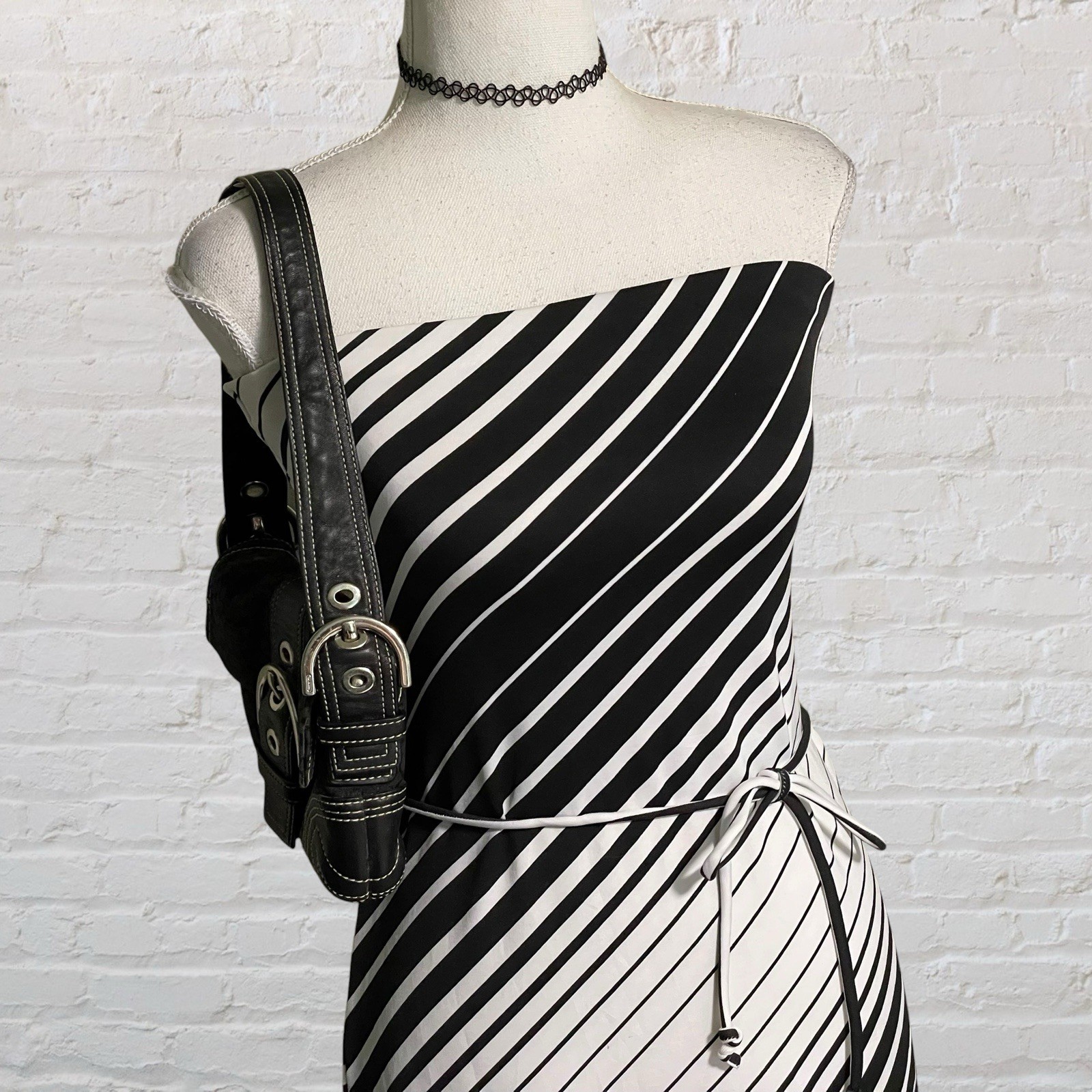 vintage y2k op-art black white diagonal stripe glam strapless dress S/M party