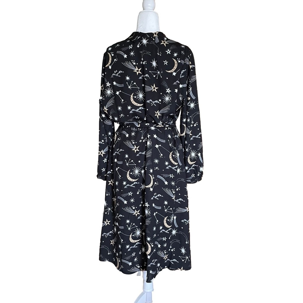 Joanie Babs Celestial Retro Black Moon Star Vneck Long Sleeve Midi Dress Sz 14