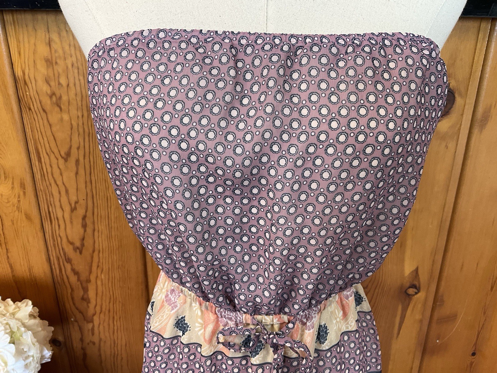 Medium Strapless Dress Purple Tan Paisley Boho Pattern Light Navy Blue Stripe