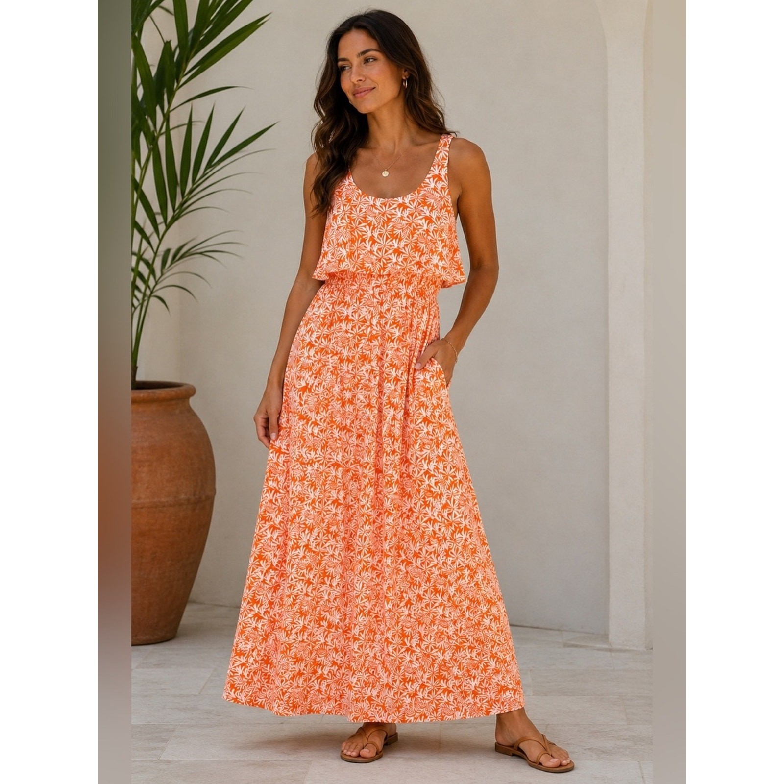 Ann Taylor Factory Orange Tropical Print Maxi Dress Size 6
