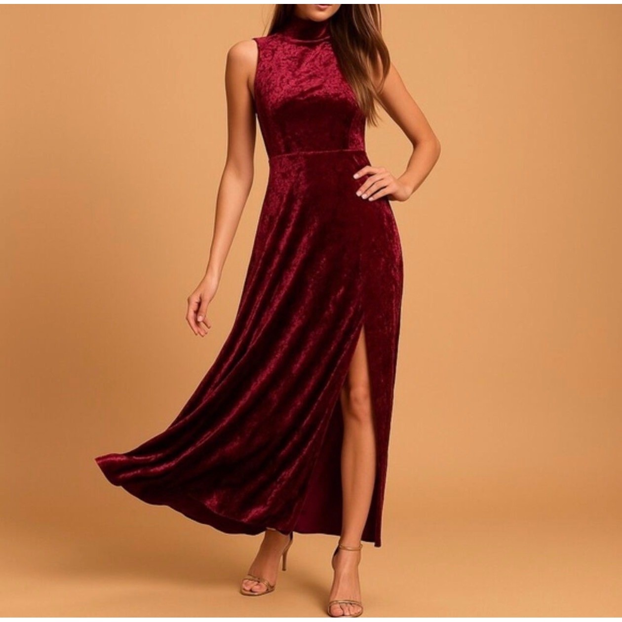 Lulus Size Large In The Louvre Open Back Maxi Dress Burgundy Crushed Velvet Slit