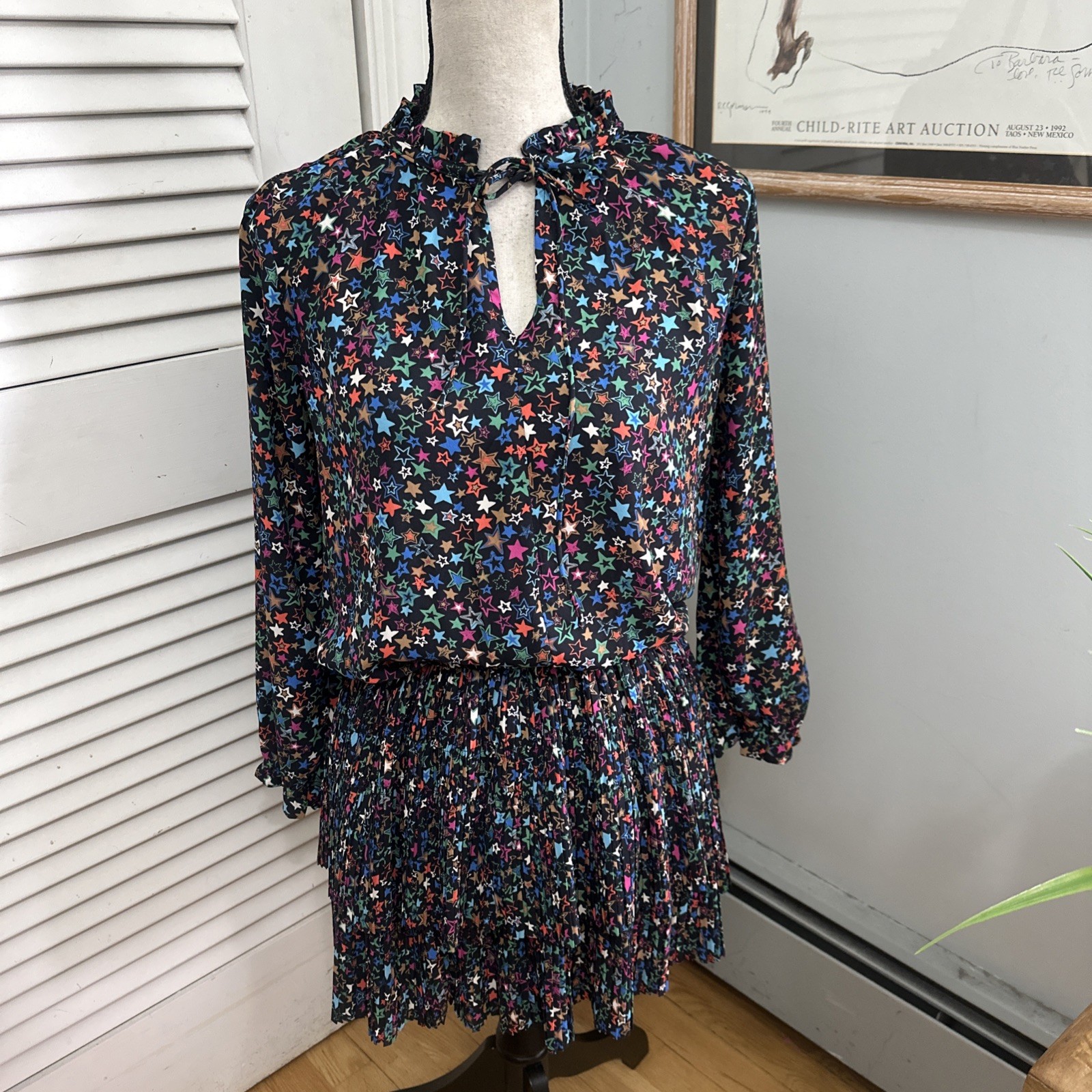 Current Air Dress Small Black Aurelie Star Print Pleated Celestial Cosmic Fairy
