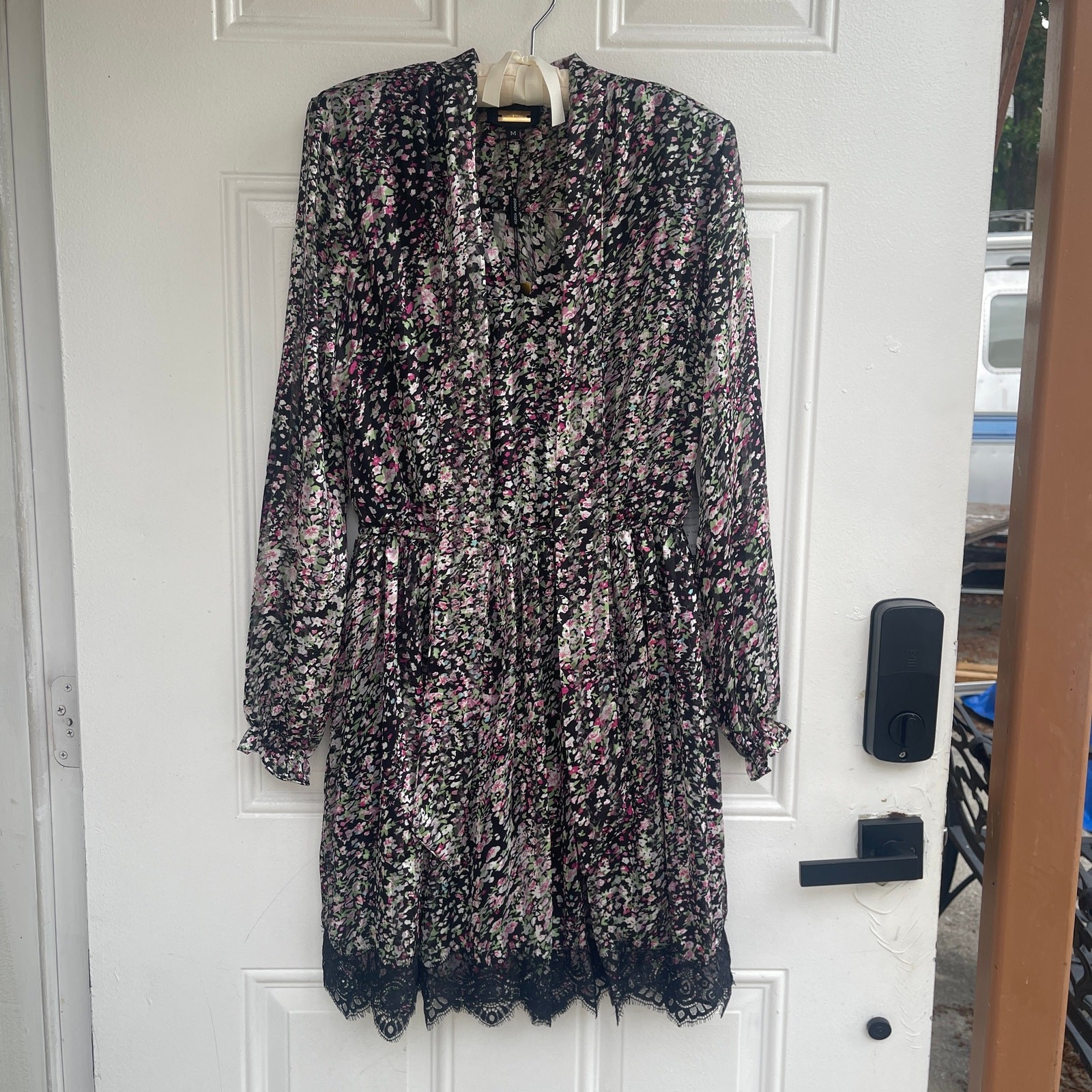 Alexia Admor Floral Chiffon Mini Dress Lace Hem Tie Neck Long Sleeve NWT Size M