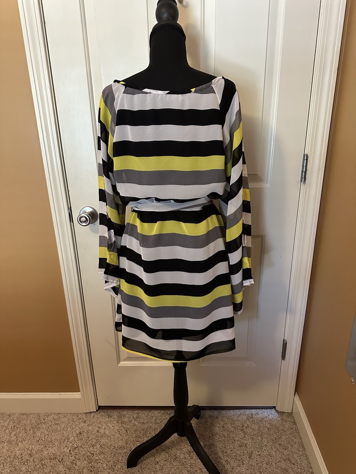 Striped Long Sleeve Belted Mini Dress In Black Gray And Neon Yellow Size L