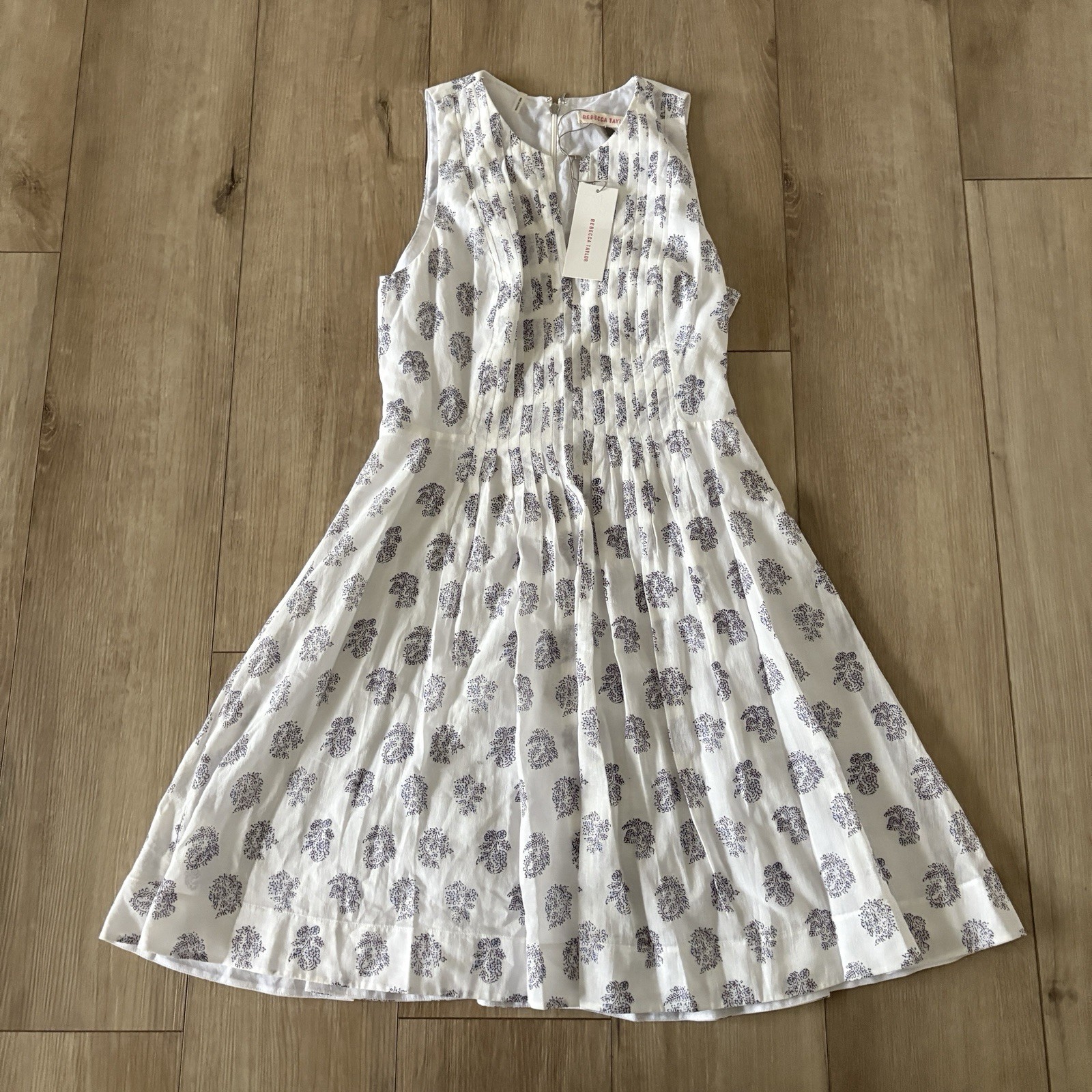 NWT Rebecca Taylor White Purple Floral Pleated Sleeveless Lightweight Dress 2