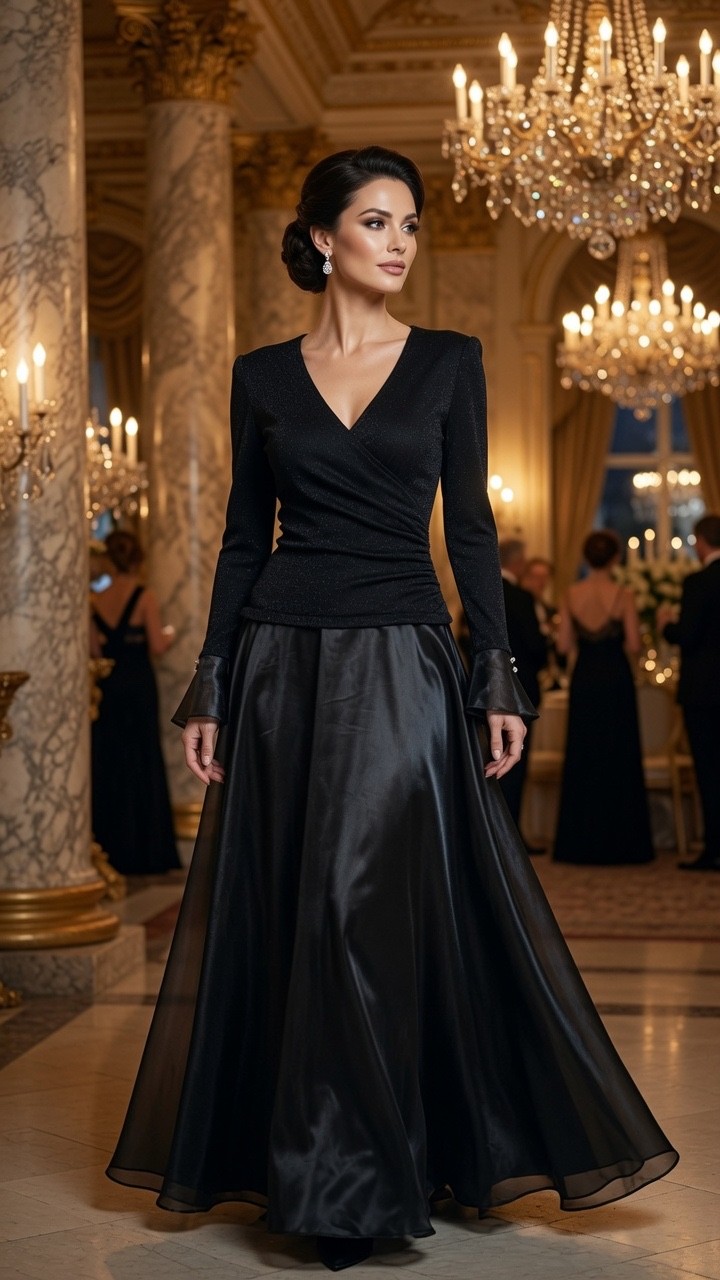 JS Collections Vintage Formal Gown Blk Wrap Bodice Satin Skirt Mock 2-Piece Sz 8
