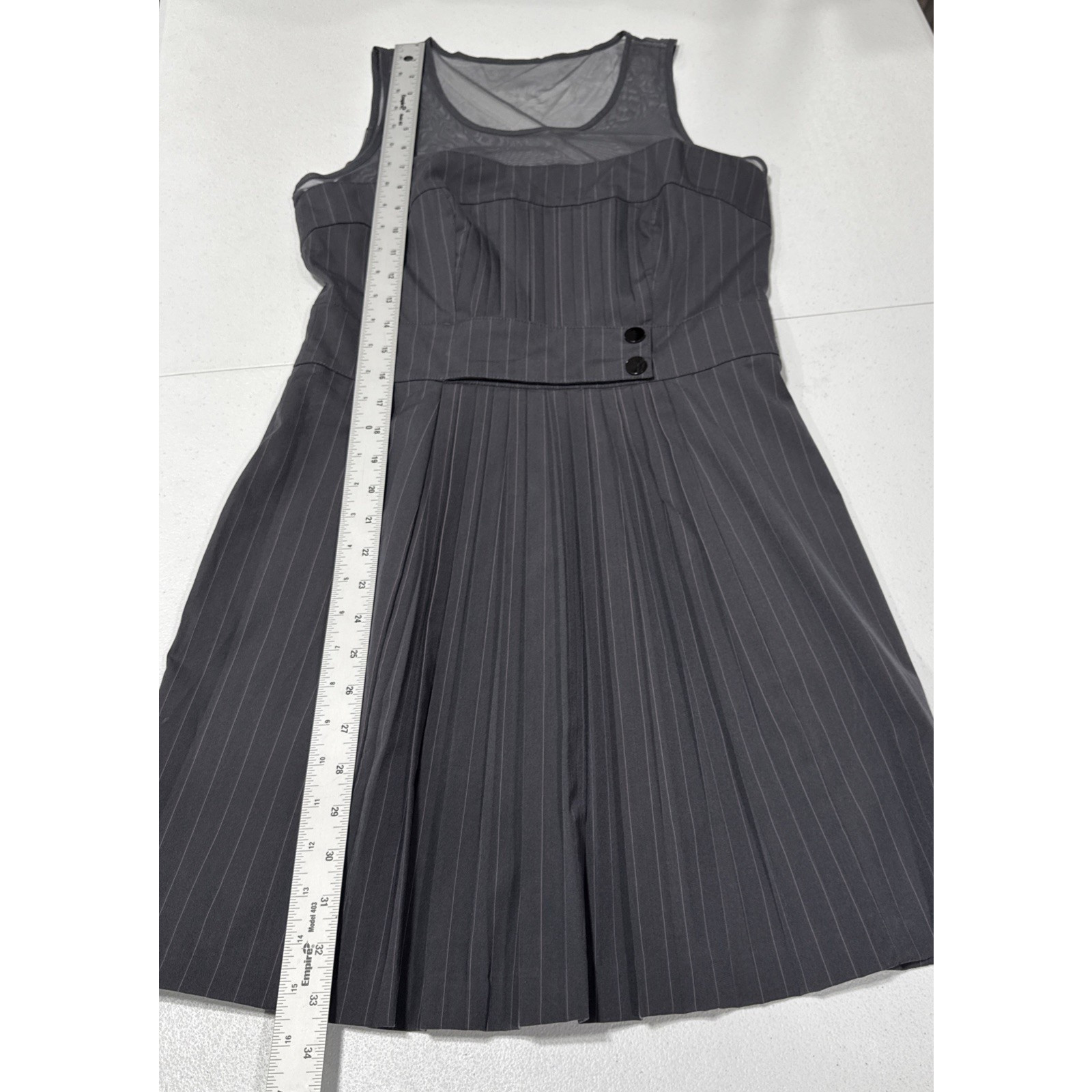 Bebe Dress Fit & Flare Pleats Mesh Chest Back Womens Sz 6 Gray Pink Pinstripes