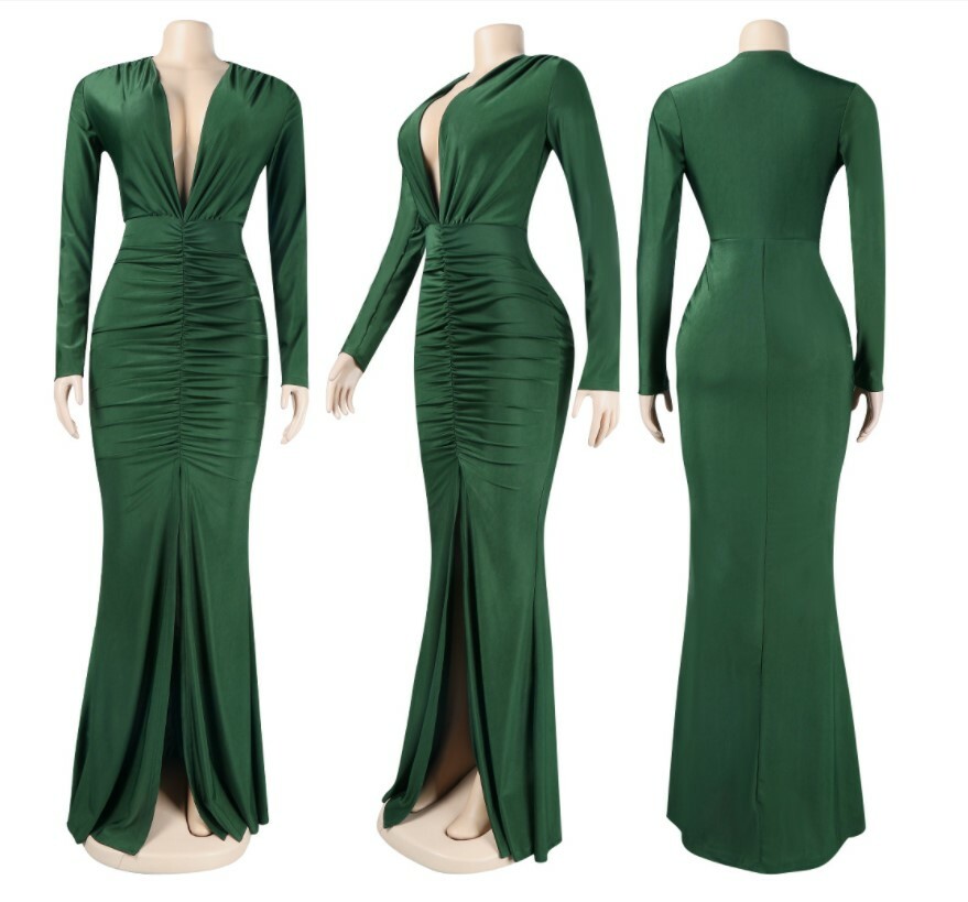 Women Deep V Neck Long Sleeve Solid Sexy Split Ruched Bodycon Party Maxi Dress