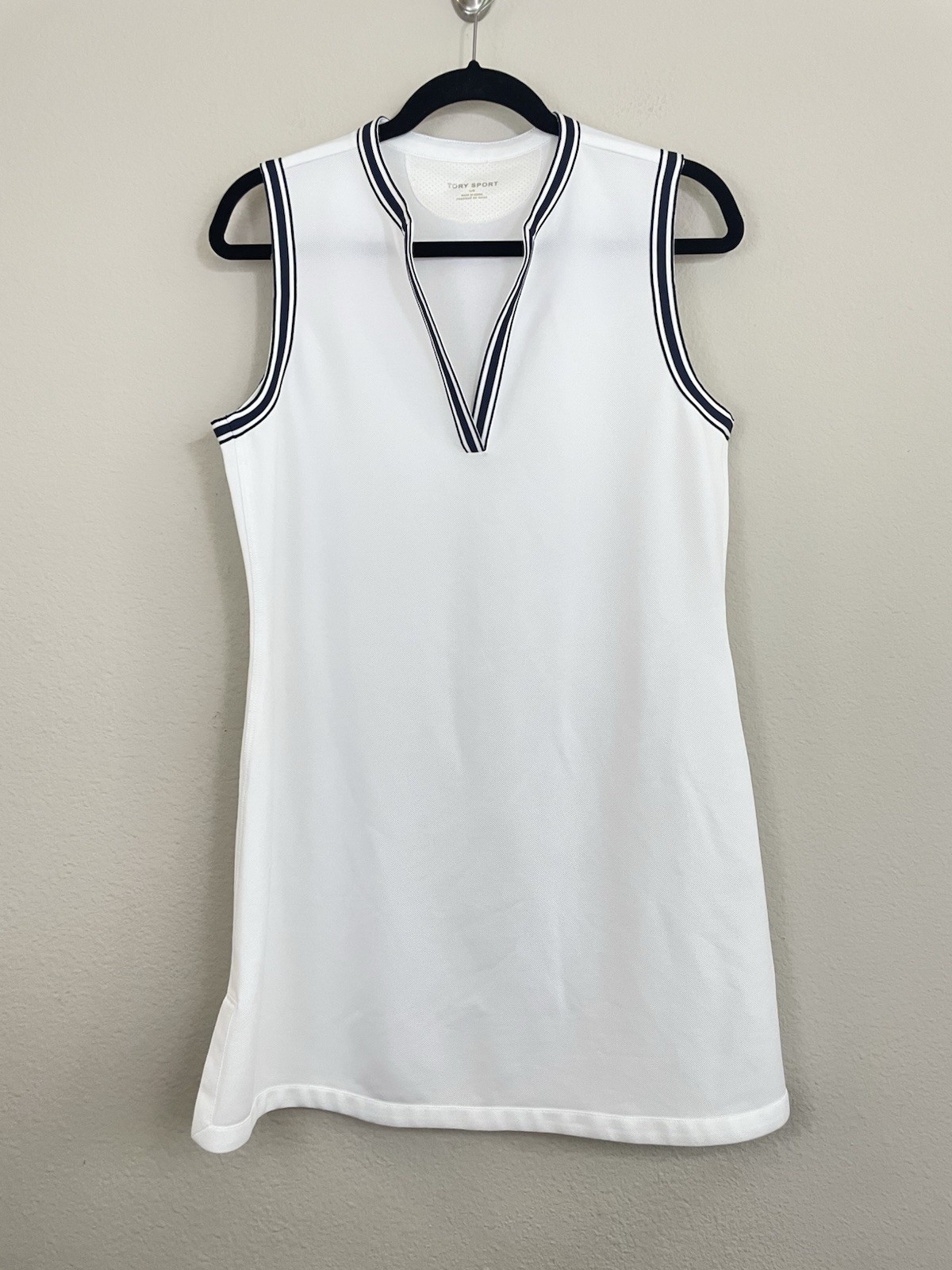 Tory Sport Performance White Tennis Mini Dress with Navy Stripe Trim Size Large