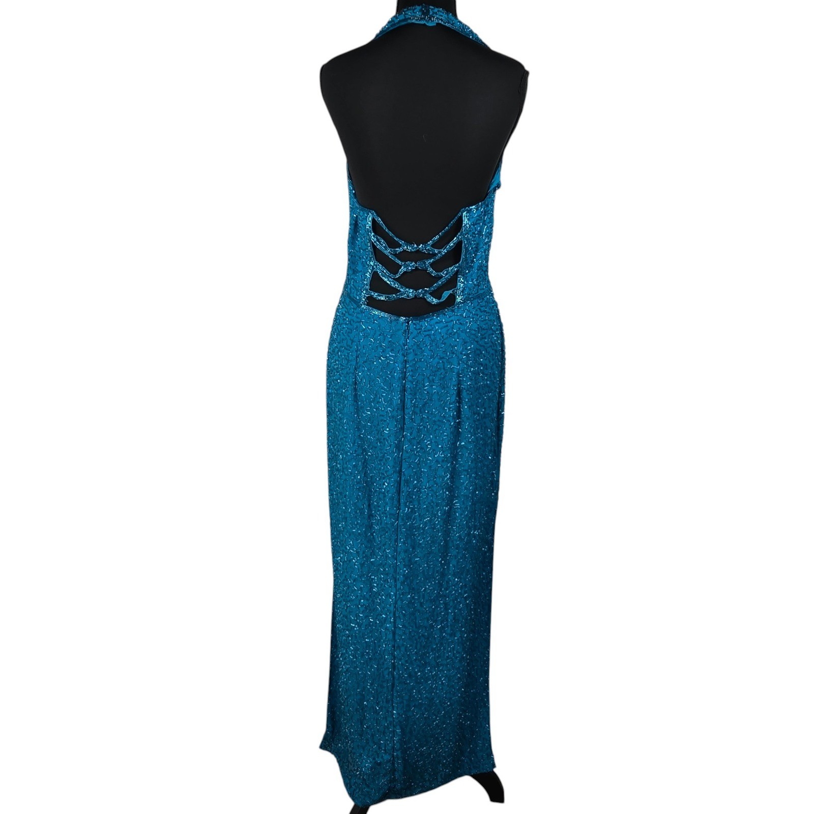 Sean X-Press Teal Blue Beaded Silk Halter V-Neck Maxi Evening Gown Dress Large