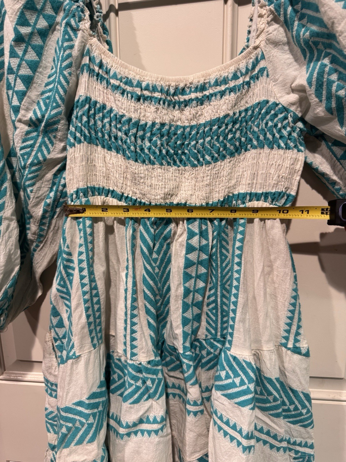 Sofia made in Italy White Blue Geometric Smocked Puff Sleeve Dress with Pockets