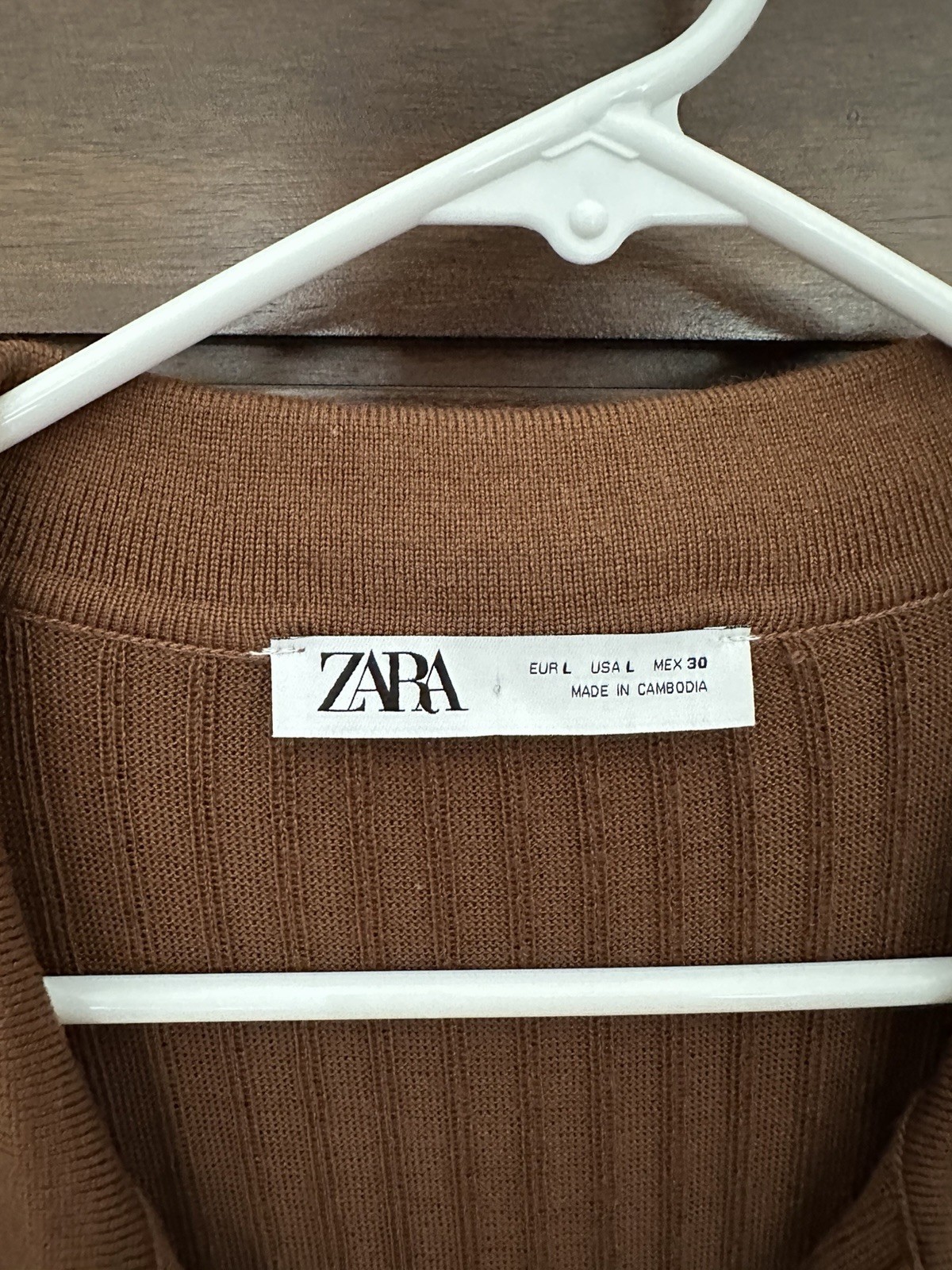 Zara Brown Ribbed Knit Collared Button Front Shirt Dress Pockets L Short