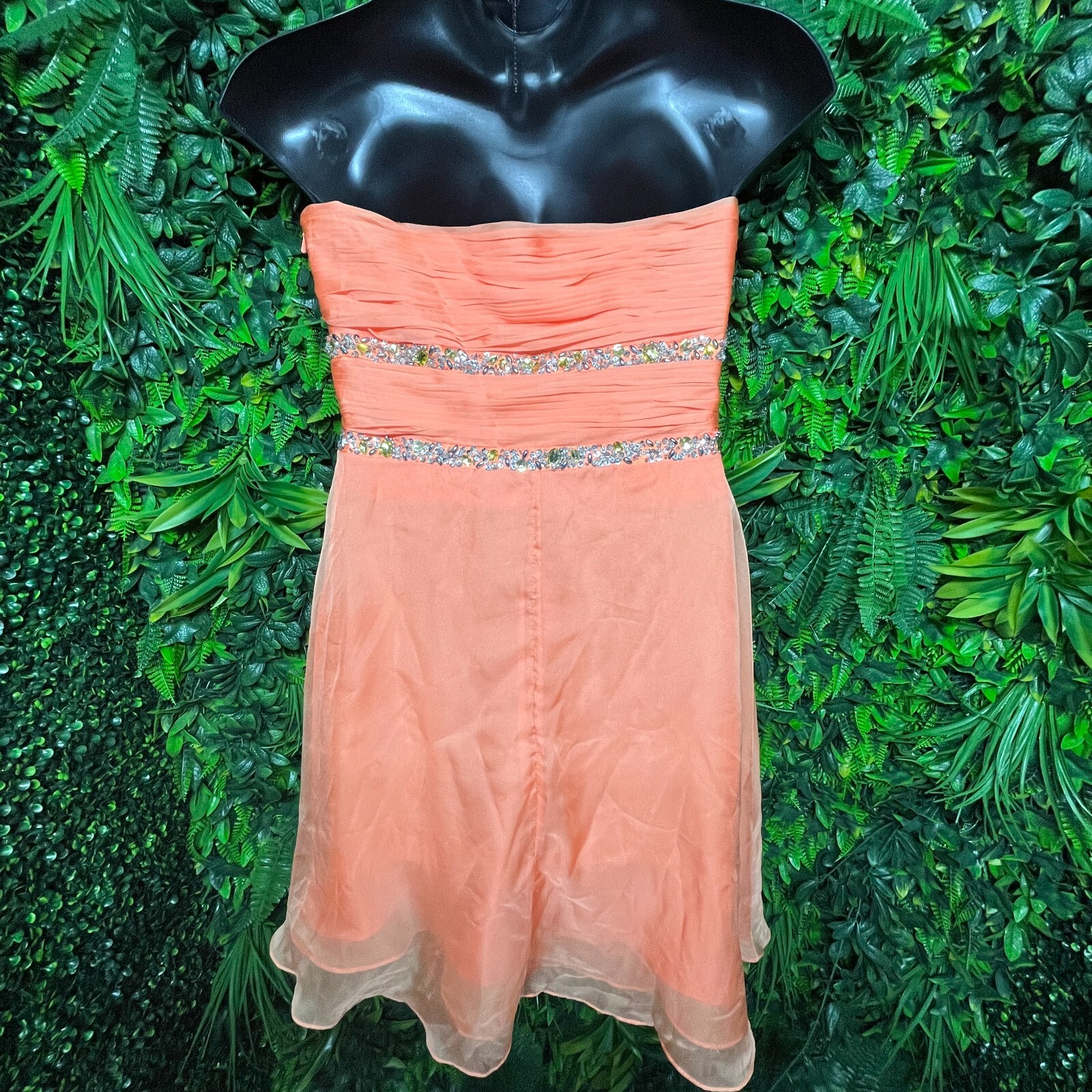 MAY QUEEN Dress 10 Peach Orange Short Formal Beaded Pleated Strapless 1067