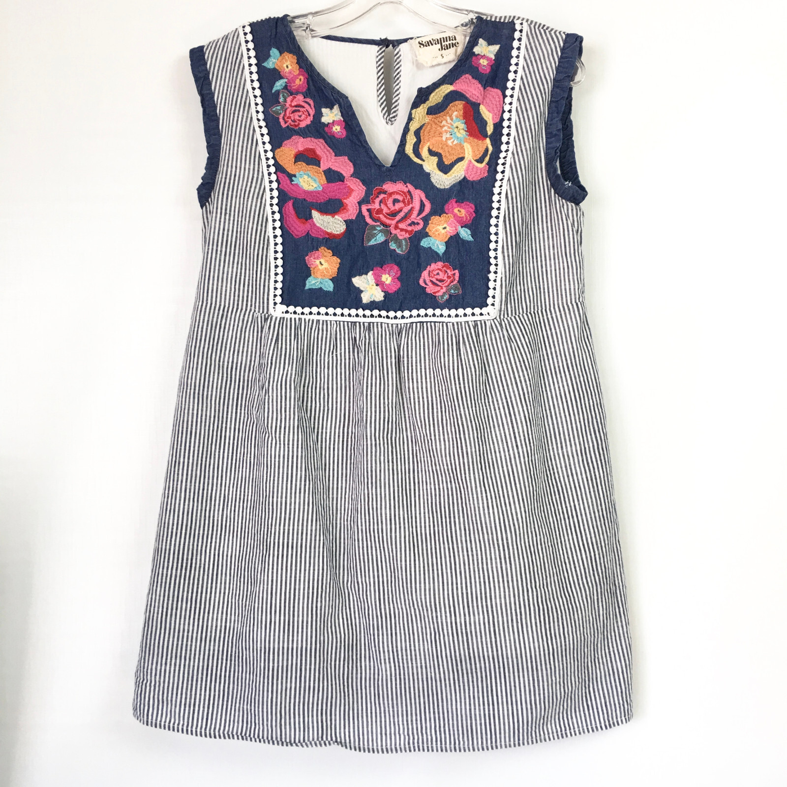 Savanna Jane Womens Small Mini Dress Tunic Blue Stripe Embroidered Flower Bib