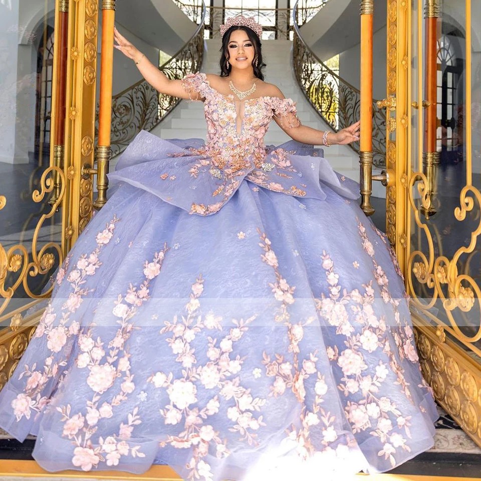 Lilac Princess Quinceanera Dresses Luxury 3D Flowers Beaded Ball Gowns Sweet 16