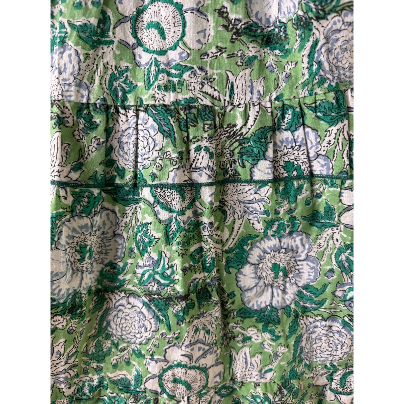 Stark X Green Floral Block Print Tiered Mini Dress Tie Shoulder Boho Summer