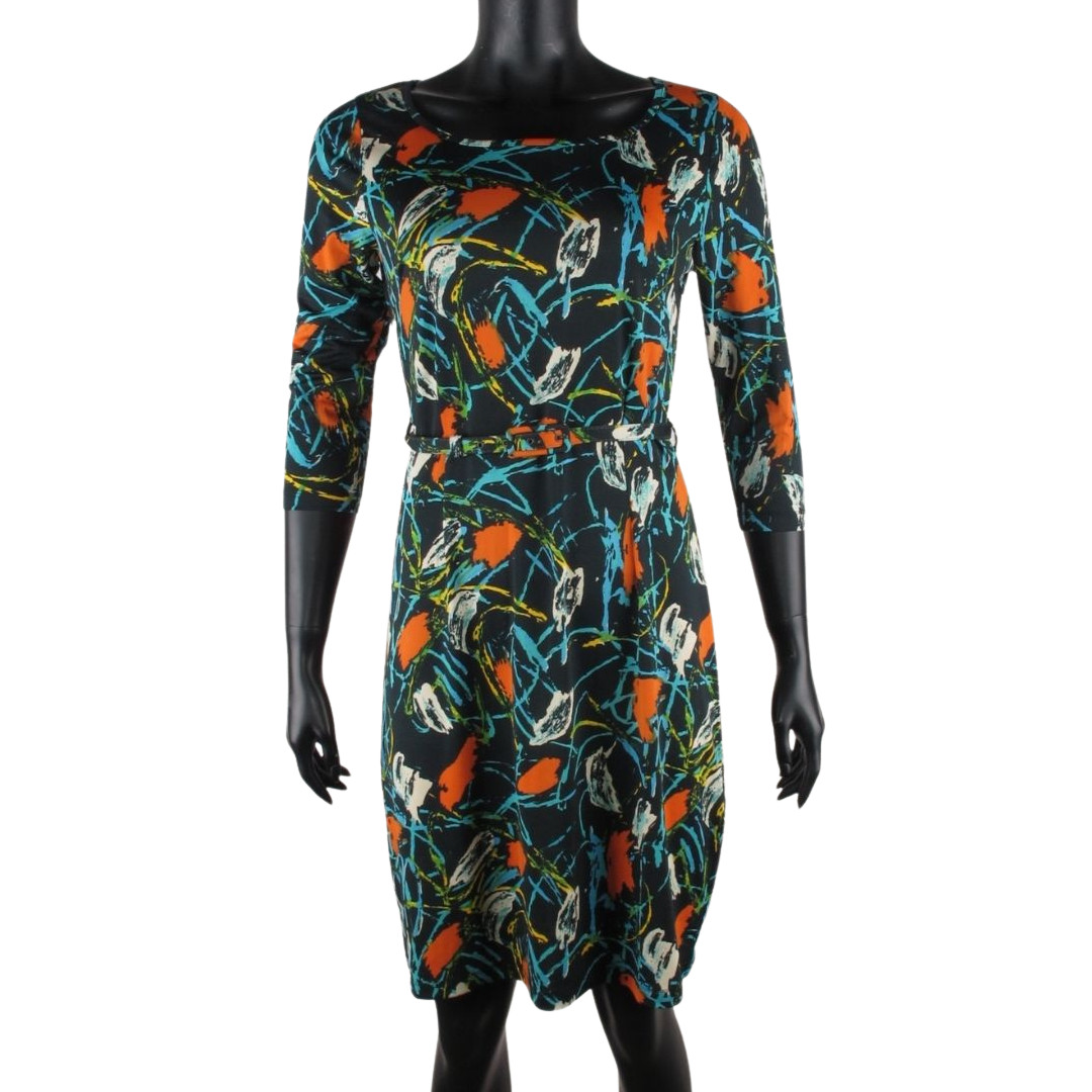 King Louie Stretch Knee Length Dress with Belt M Abstract Print 3/4 Sleeve