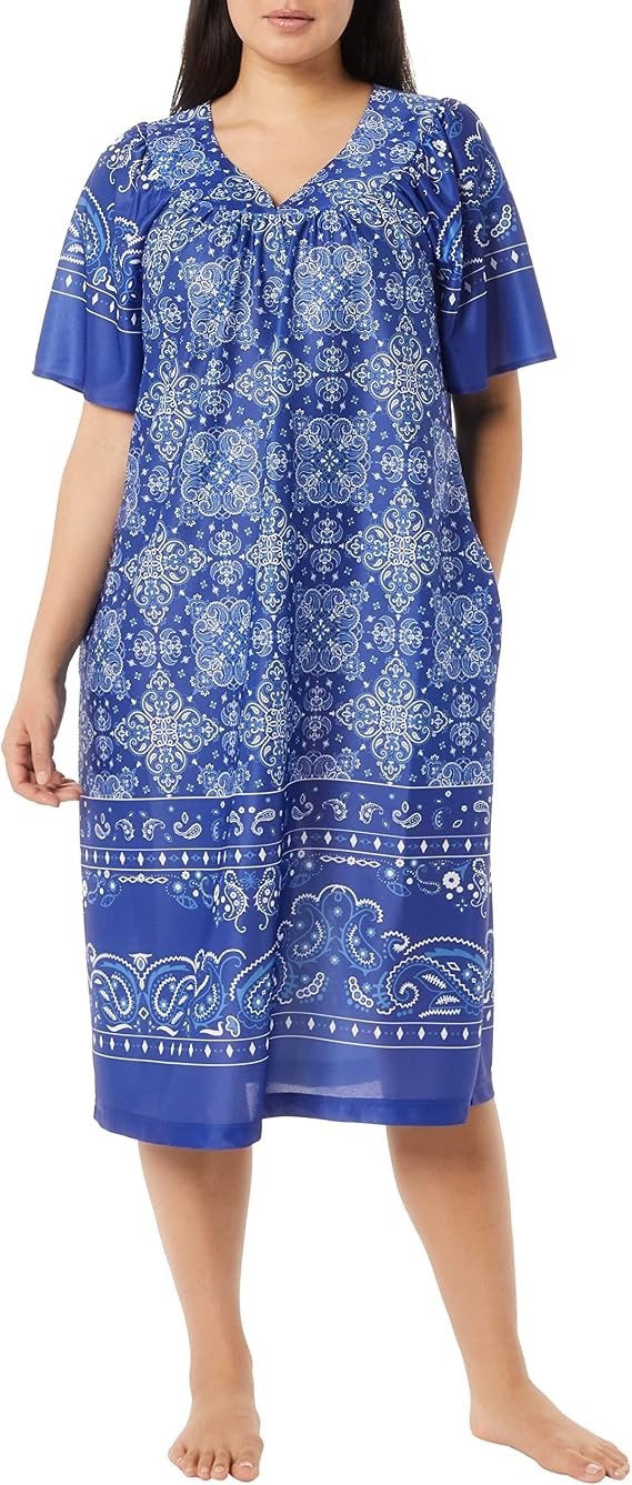 Size 5X PLUS Blue Pasley Flowy Soft Night Lounge Sweetheart Gown Pocket Dress