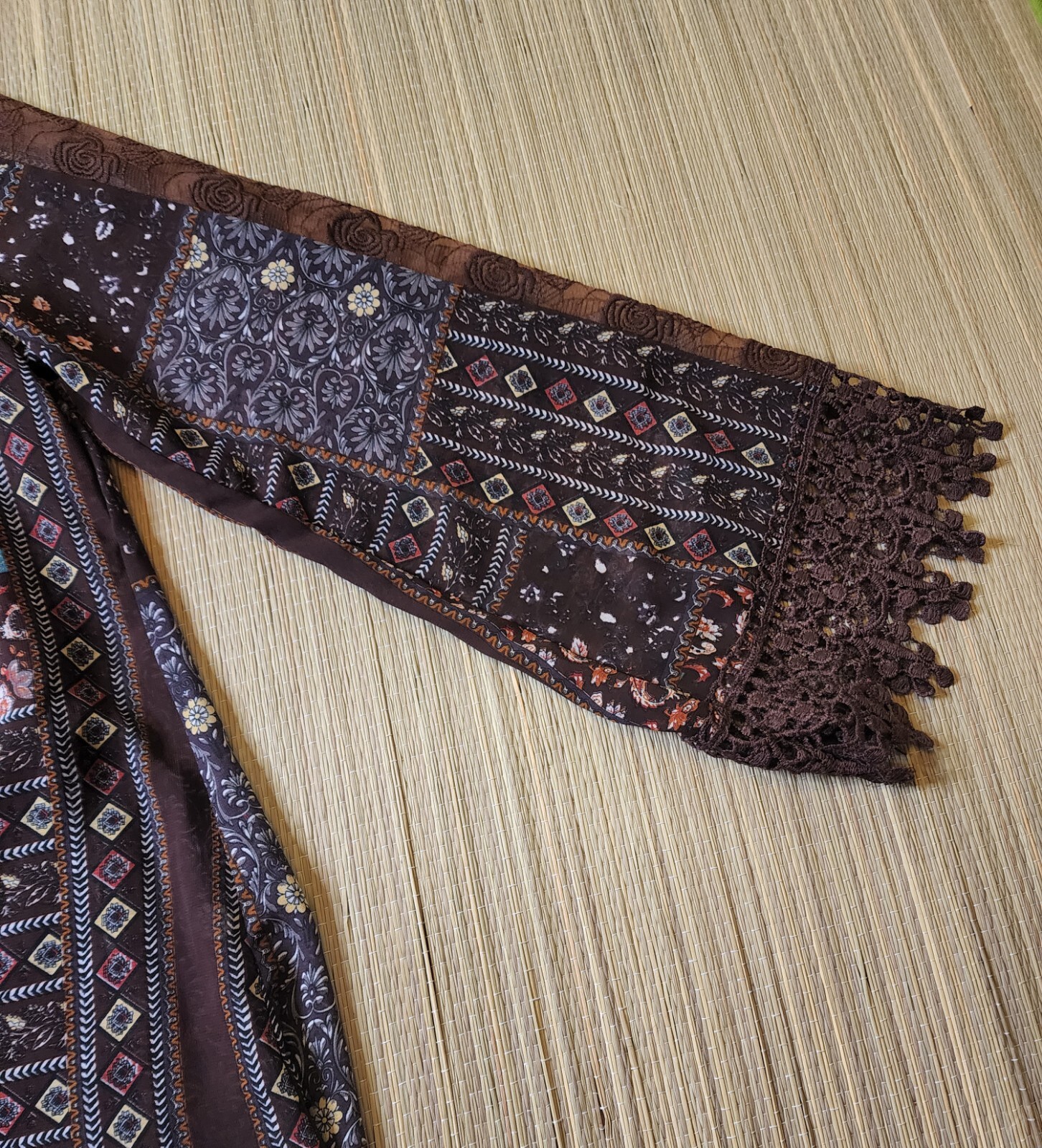Bow + Arrow Boho Peasant Dress Brown Patchwork Sheer Lace Tassels Women’s S EUC