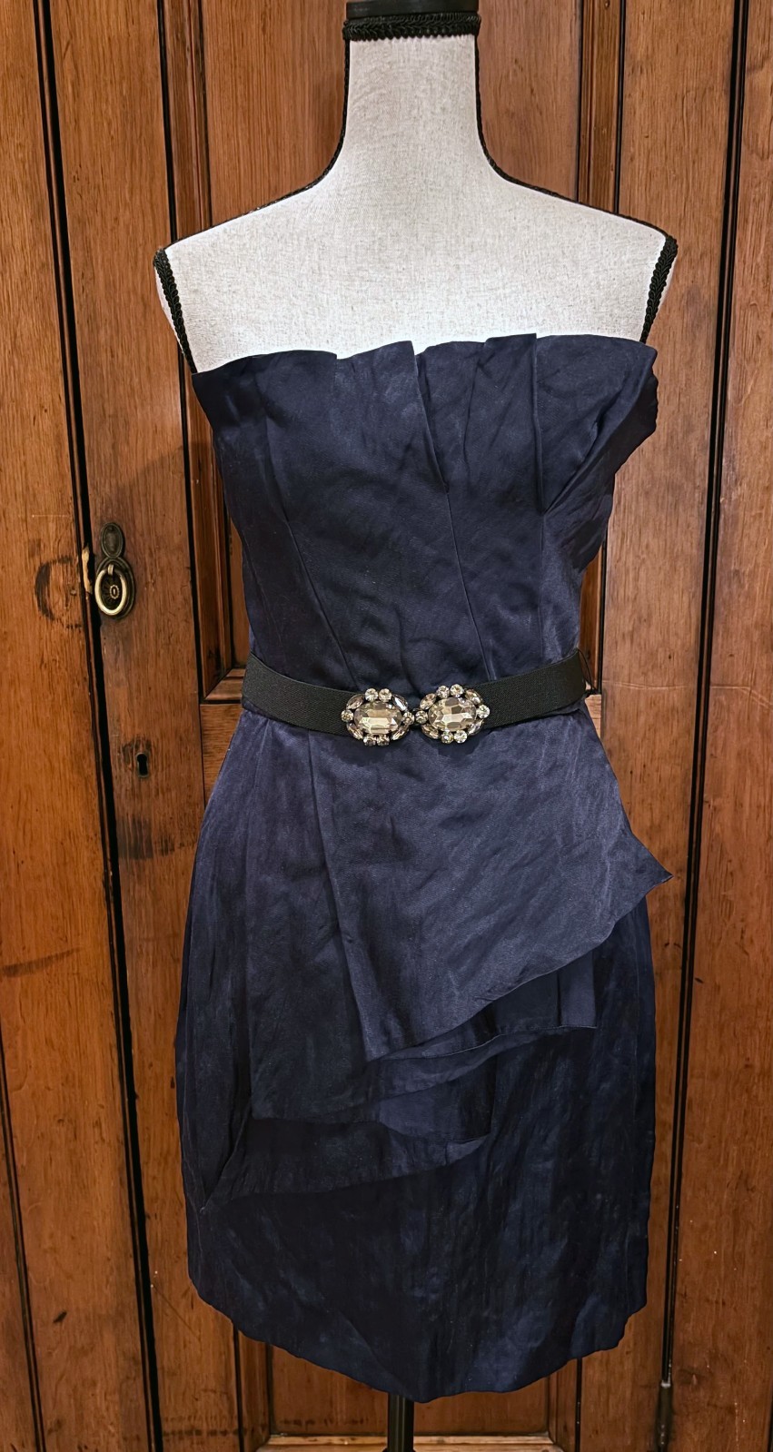 BCBGMAXAZRIA Strapless Pleated Cocktail Dress w/ Jeweled Belt | Navy | Size 6