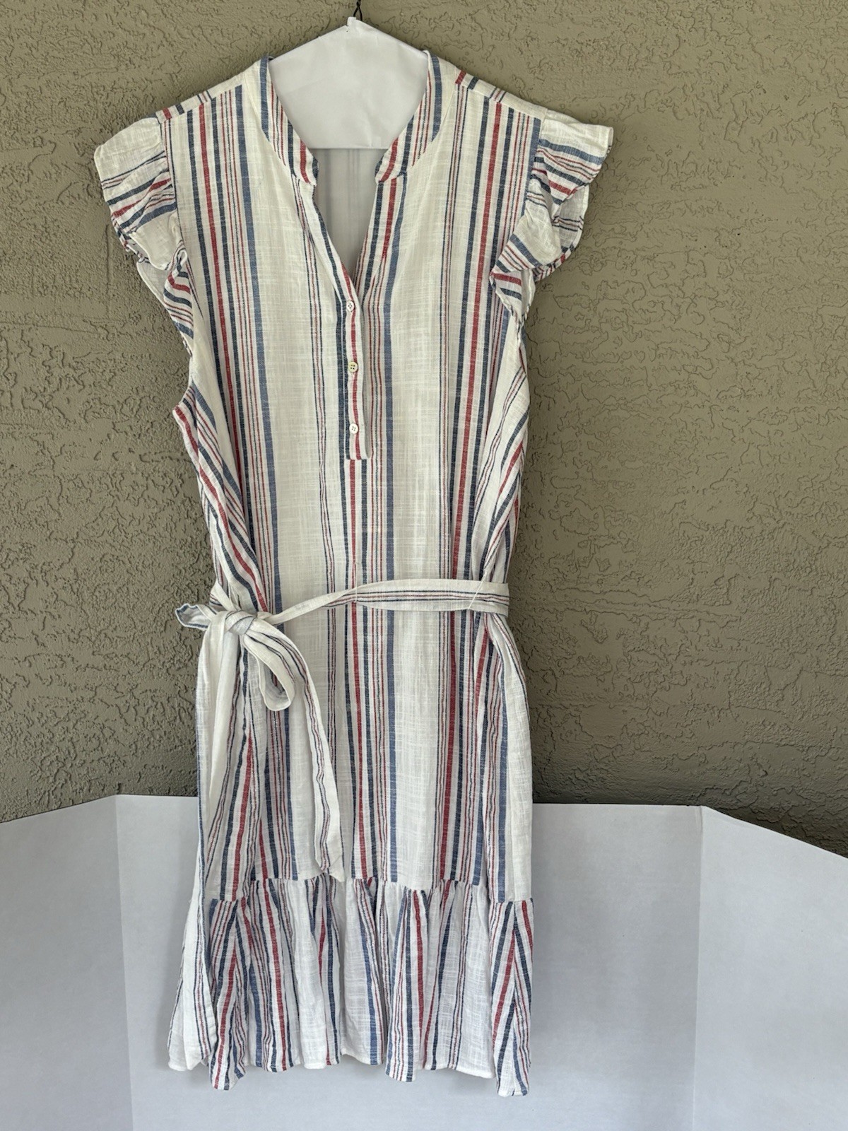 Draper James RSVP Red Blue Stripe Ruffle Hem V Neck Maxi Dress XL
