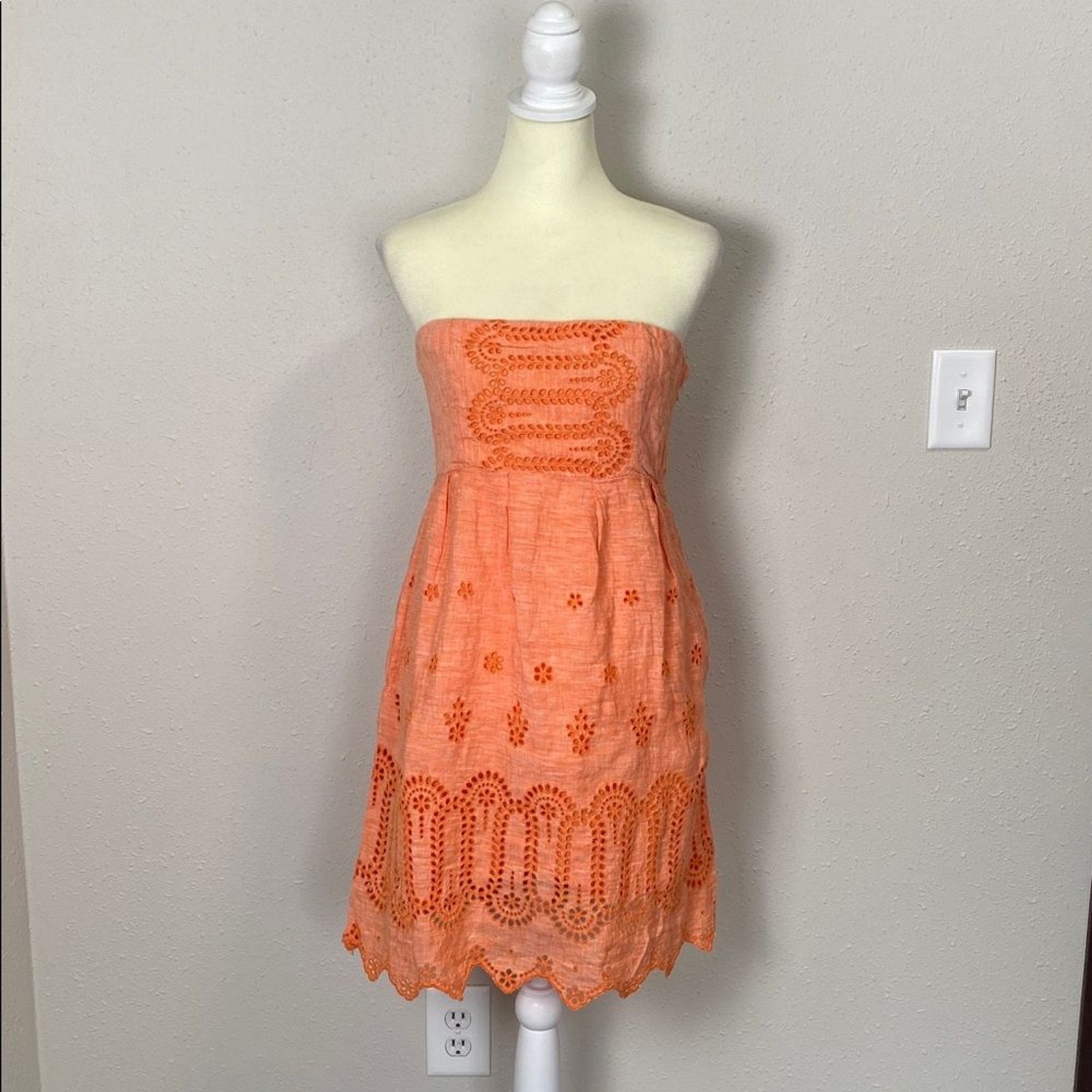 Lands’ End Canvas 1963 Strapless 100% Linen Eyelet Dress Size 10 Orange