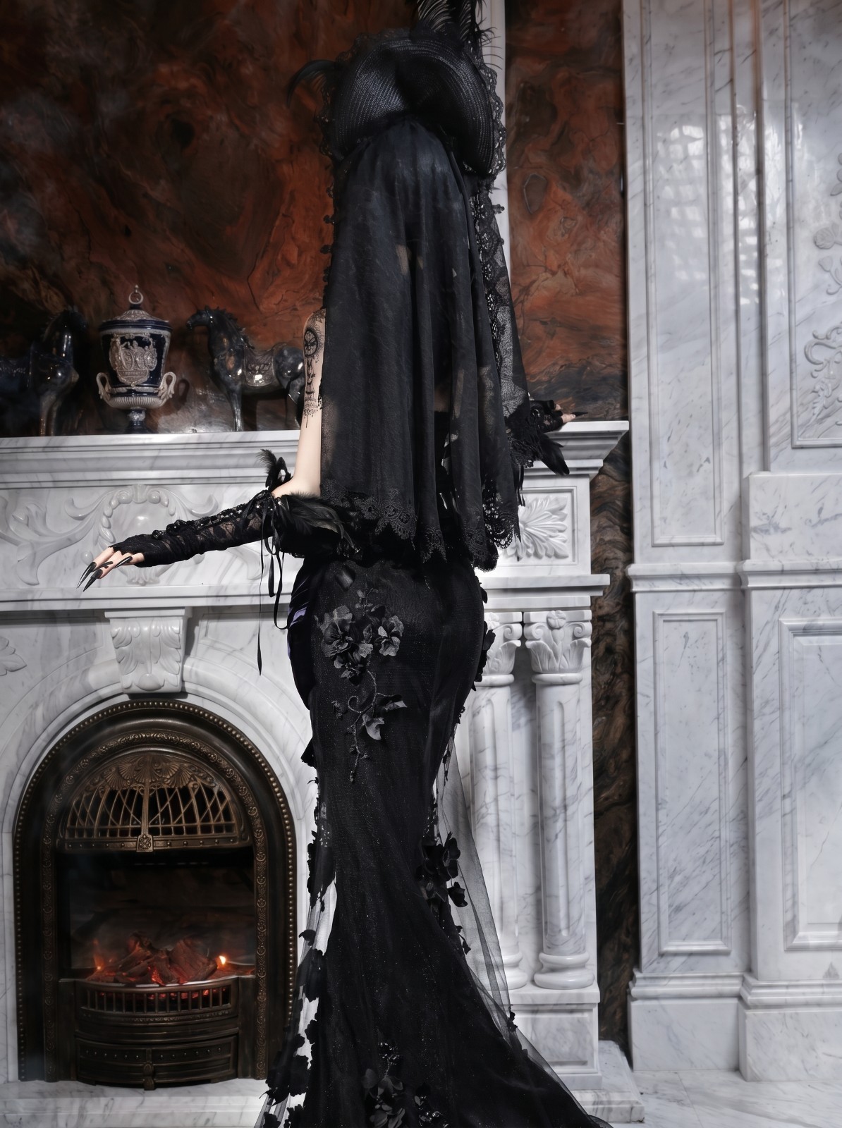 Mourning Day Gothic Beaded Embroidered Fishtail Maxi Dress