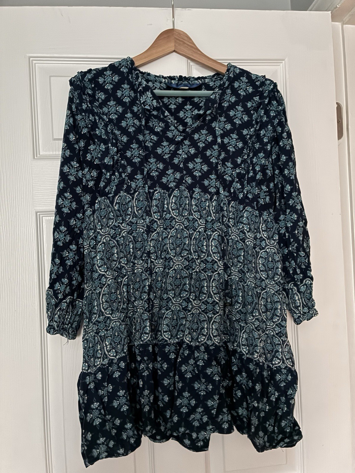 Teal Navy Blue Floral Ruffle A-Line Dress V-Neck 3/4 Ruffle Sleeve Size M