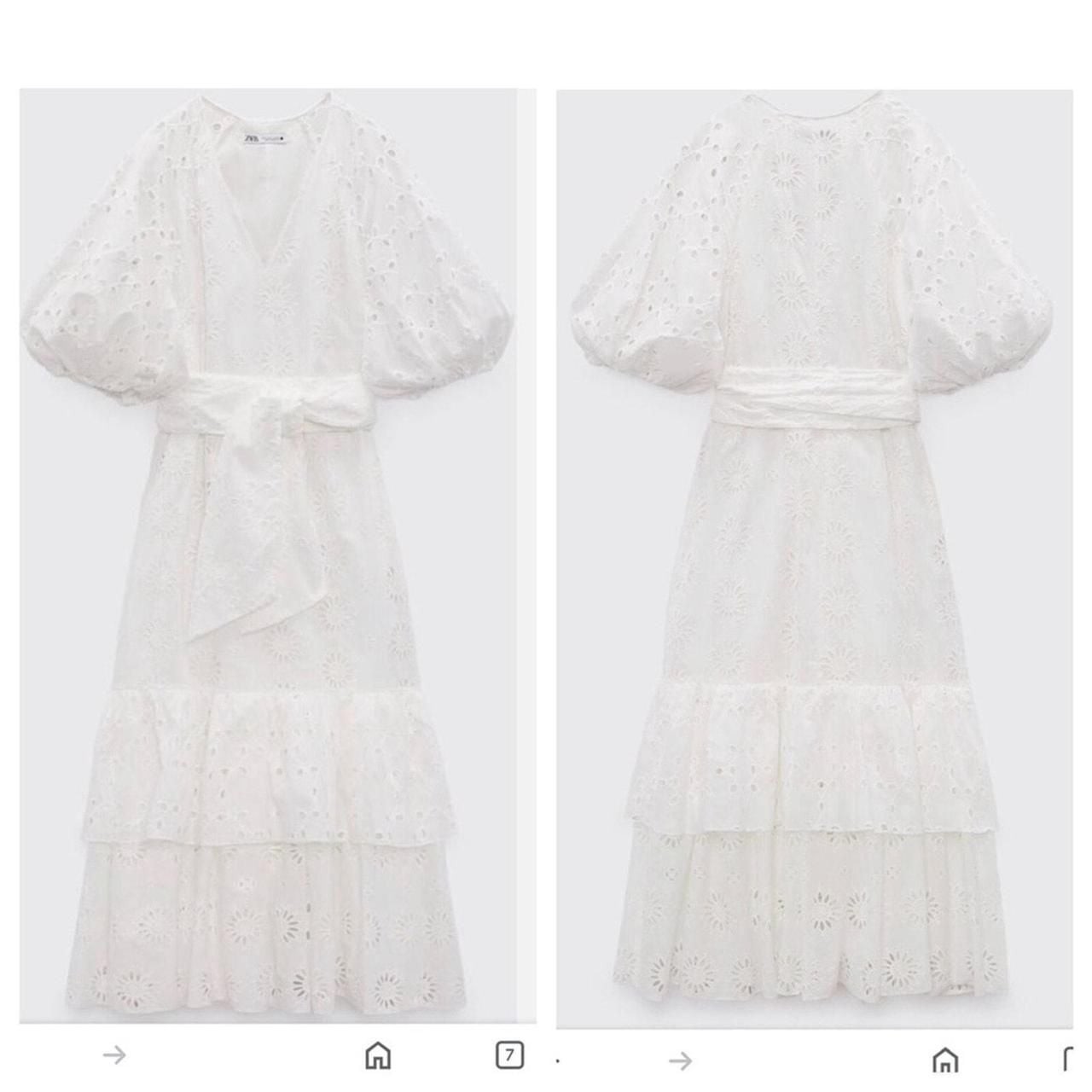Zara Belted Embroidered Midi Dress with Balloon Sleeves in Oyster White
