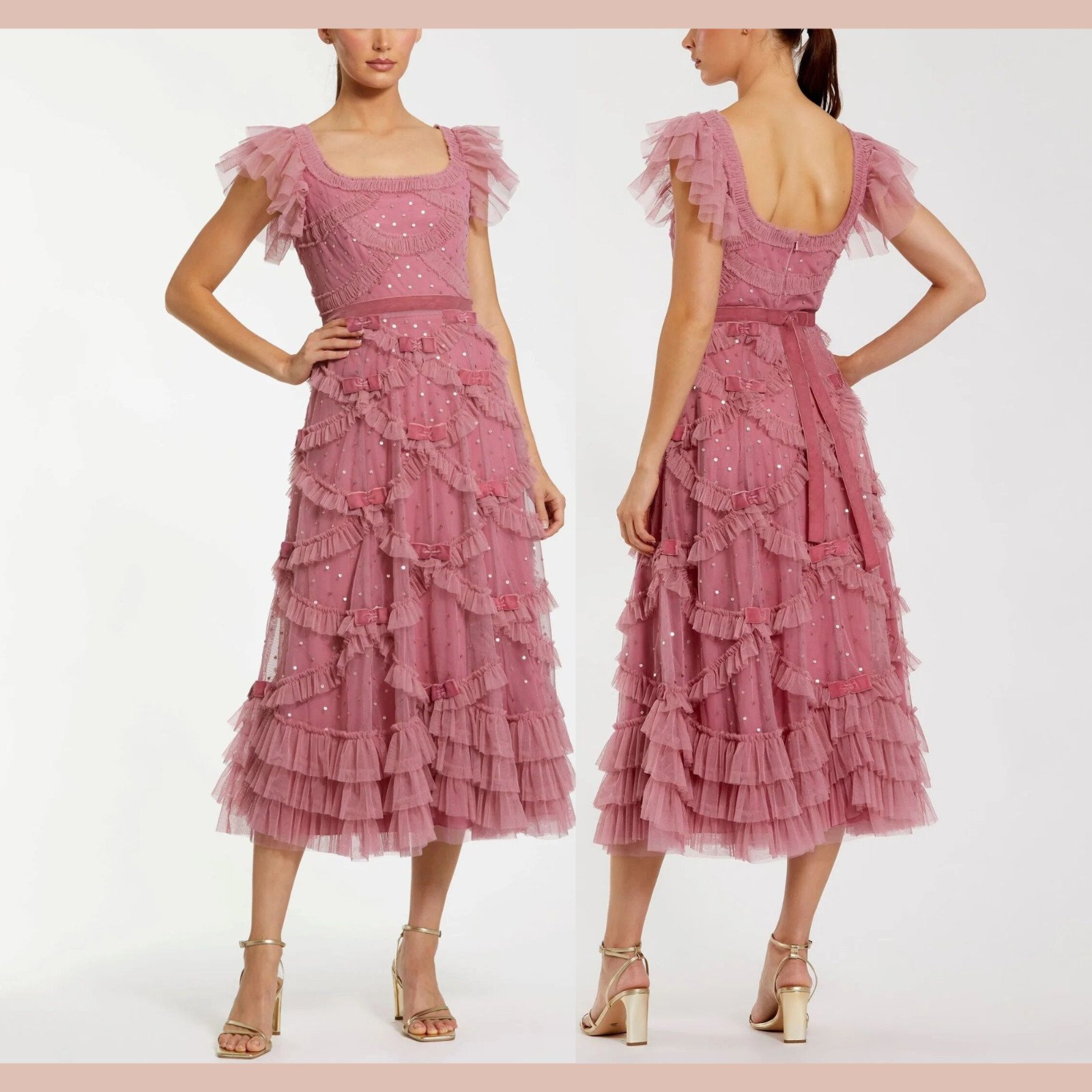 NWT Mac Duggal [ 4 ] 8272 Flutter Sleeve Lattice Bow Mesh Ruffle Mid Dress J2403