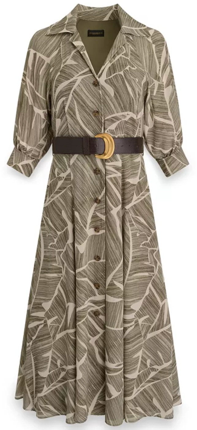NWT Donna Karan NY Leaf Print Collared Belted Lined Shirt Dress, 8, Olive, $199
