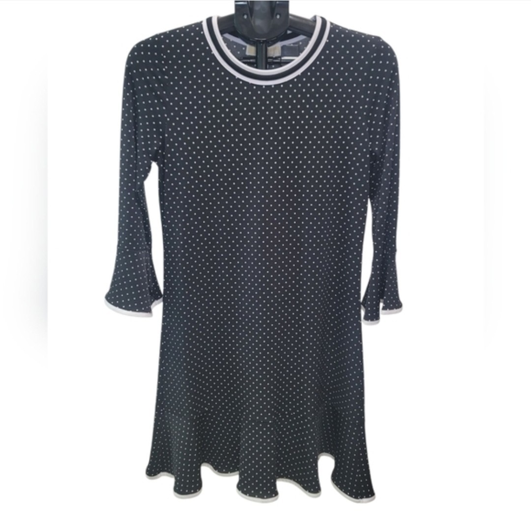 MICHAEL Michael Kors Polka Dot Flounce Dress Bell Sleeve Black White Mini Sz M
