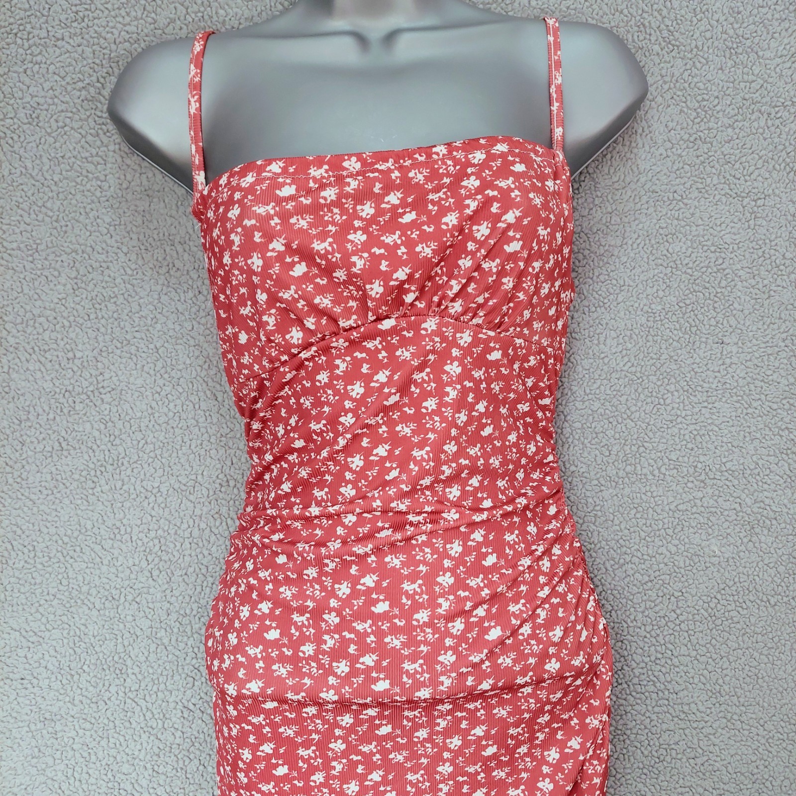 Ladies Size S Red White Floral Ruched Strappy Ribbed Stretch Midi Bodycon Dress