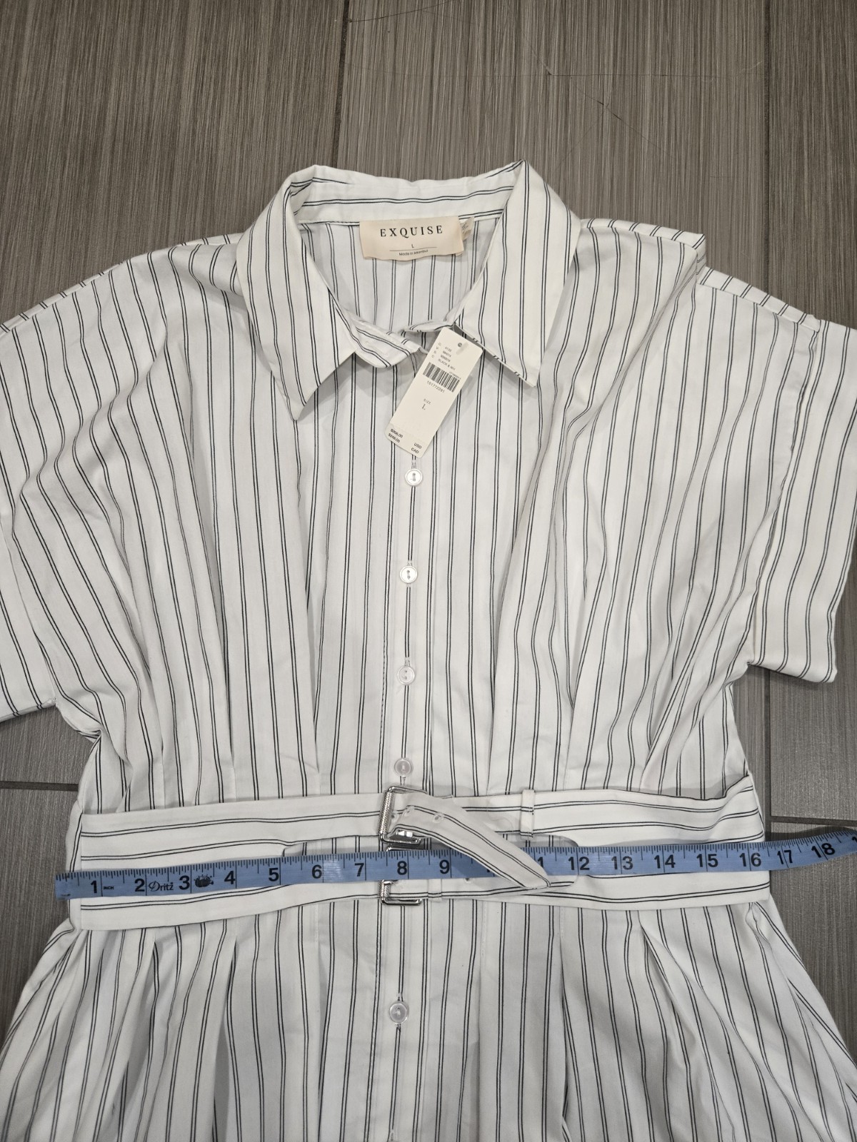 Anthropologie Exquise Large Tobie Double Buckle Pleated Shirt Dress White Black