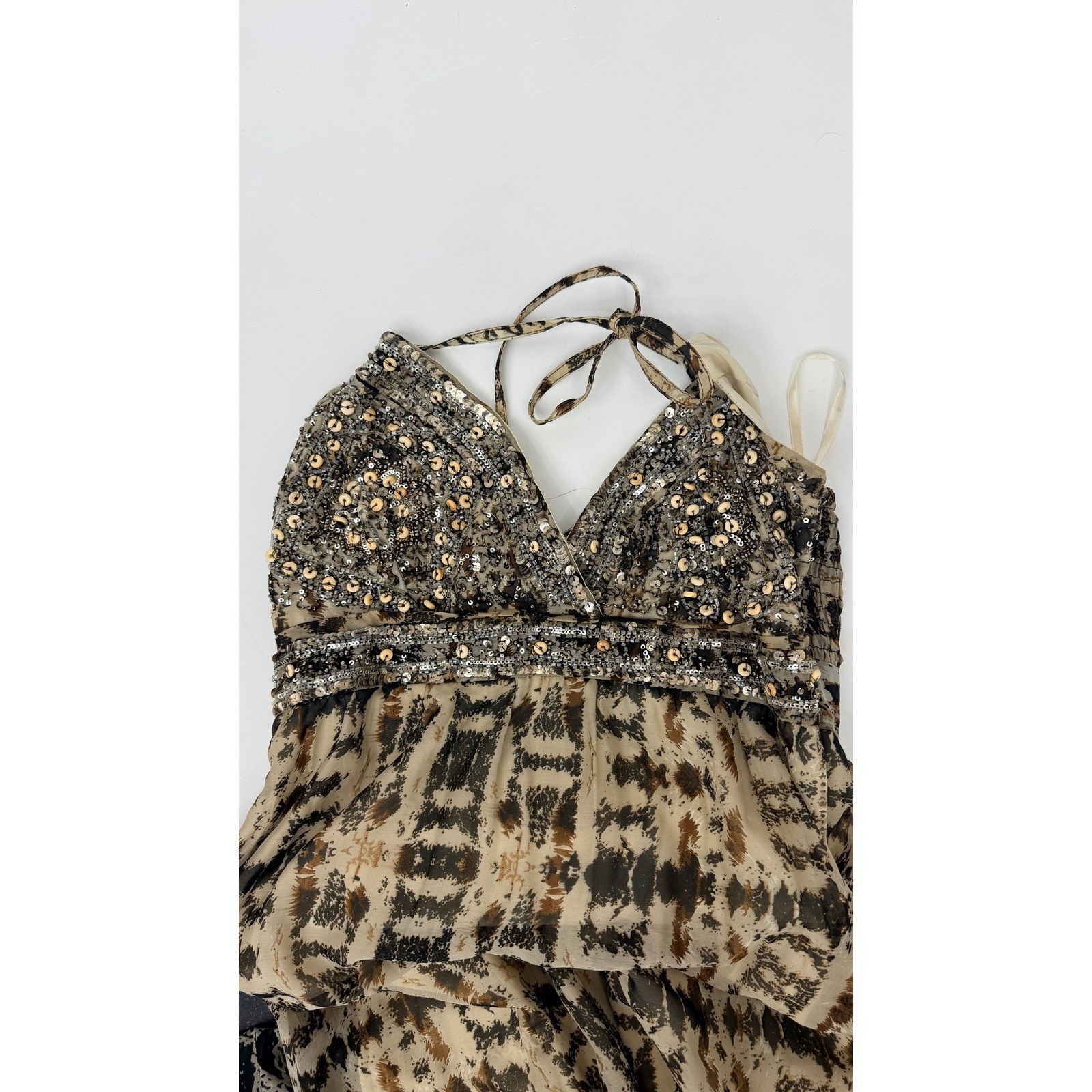 Boston Proper Sequin Animal Print Halter Maxi Dress Brown Tan Size 12 RN 127234