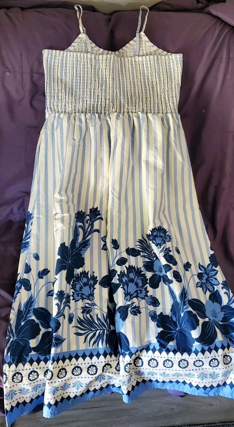 Calypso St Barth Spaghetti Strap Smocked Midi Dress Blue White Tropical Sz L