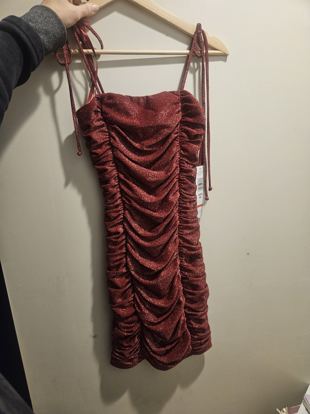 XS Spaghetti Strap Ruched Glitter Bodycon Dress