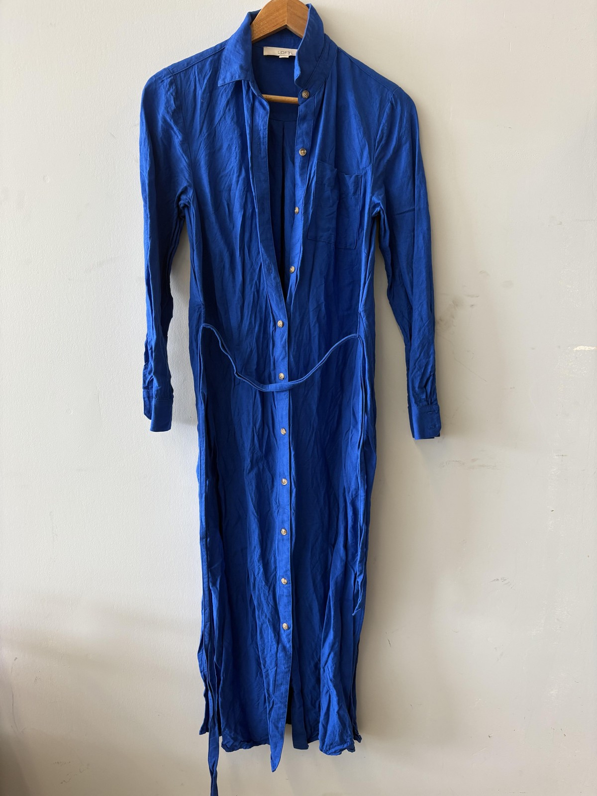 LOFT Dress Womens 0 Blue Shirt Collared Button Front Maxi Belted Long Sleeve