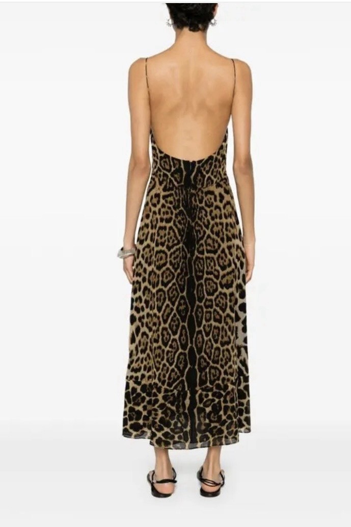 Saint Laurent Paris Brown/Black Leopard Print Silk Chiffon Cut-Out Slip Midi 42