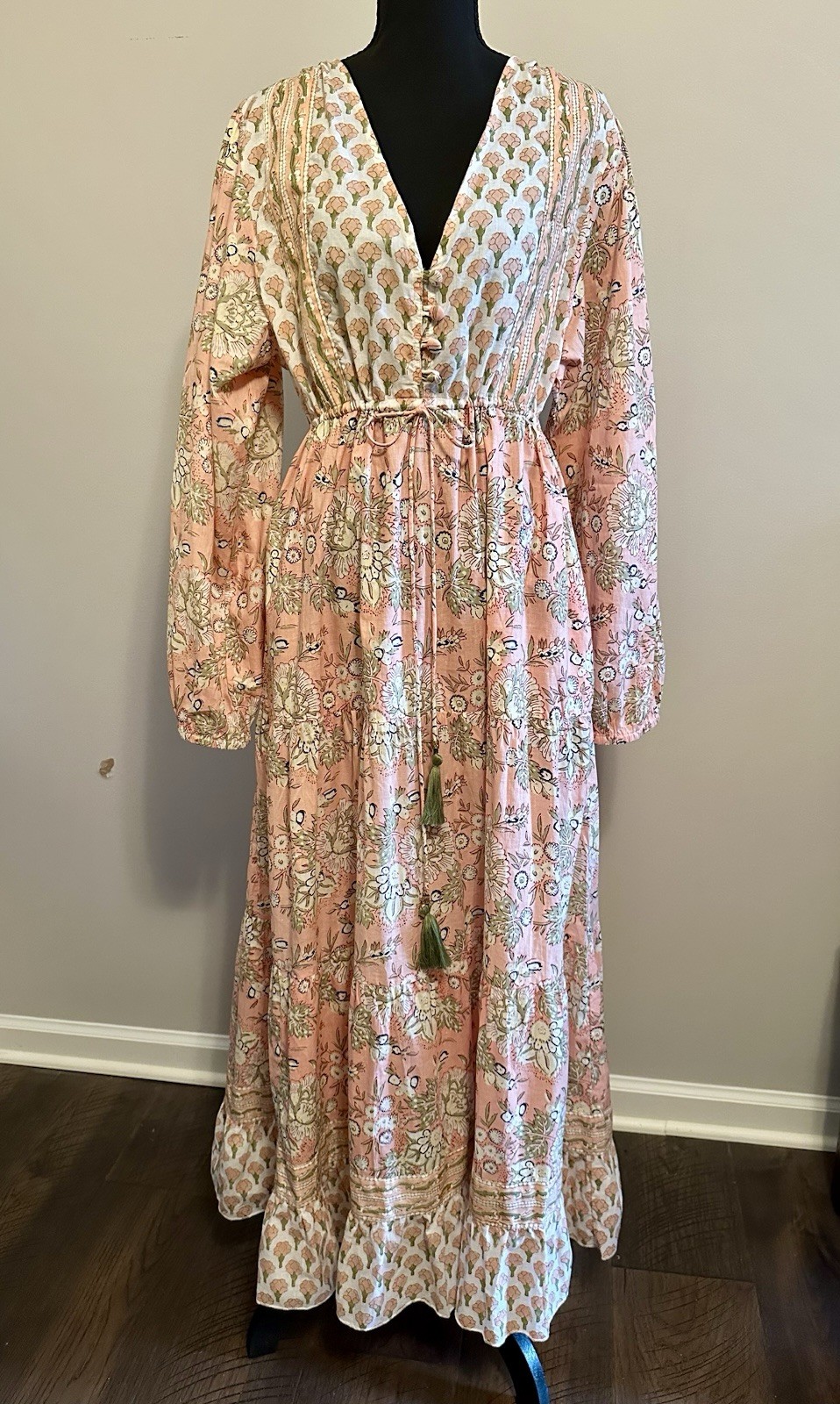 Jaded Gypsy Pink Floral Maxi Dress V-Neck Long Sleeve 100% Cotton – S/M