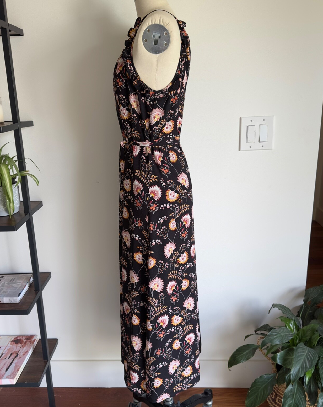 1. STATE High Neck Floral Sleeveless Ruffle Maxi Dress-Size Small-Black Floral