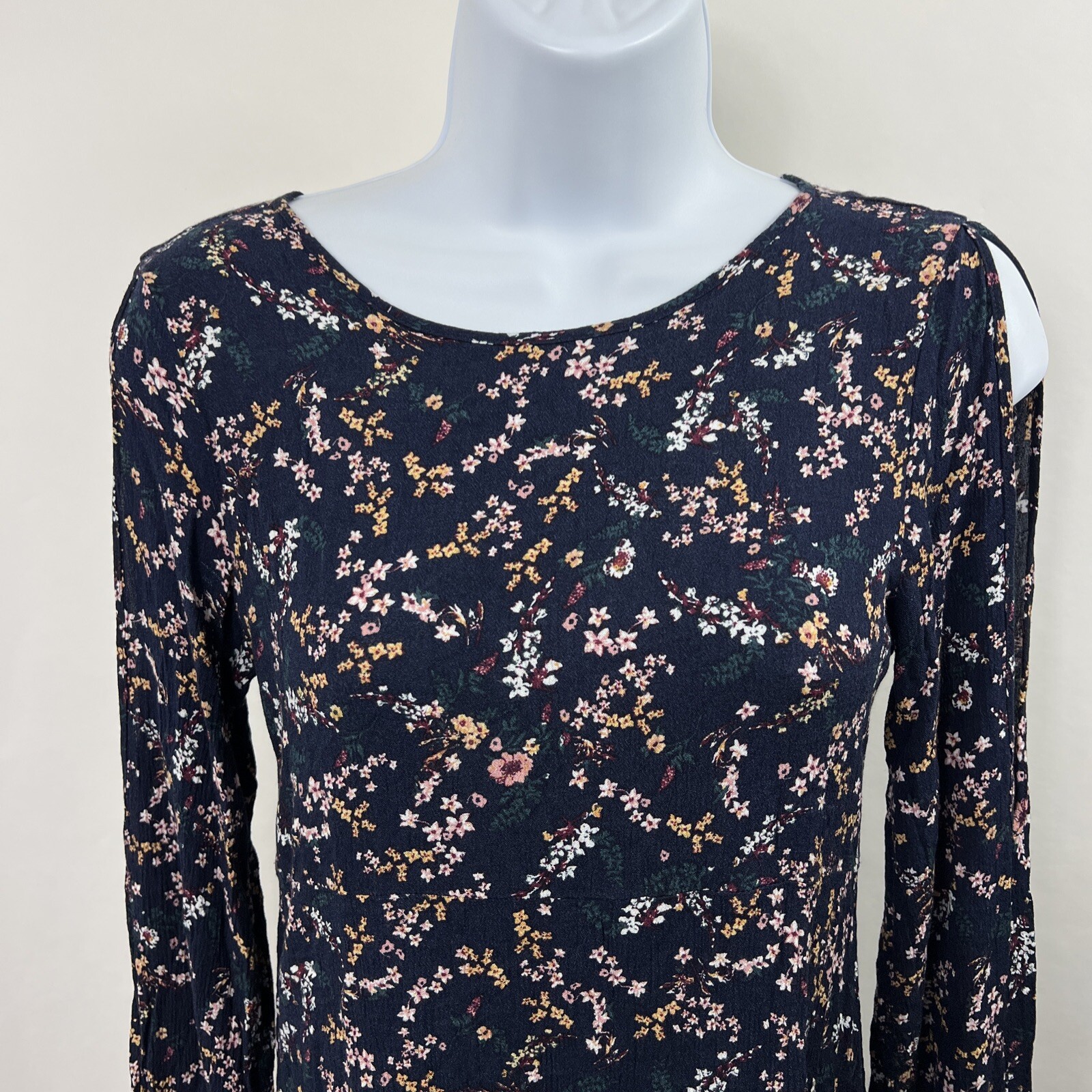 American Eagle Mini Dress Size XS Blue Floral Sundress Women’s Long Slit Sleeve